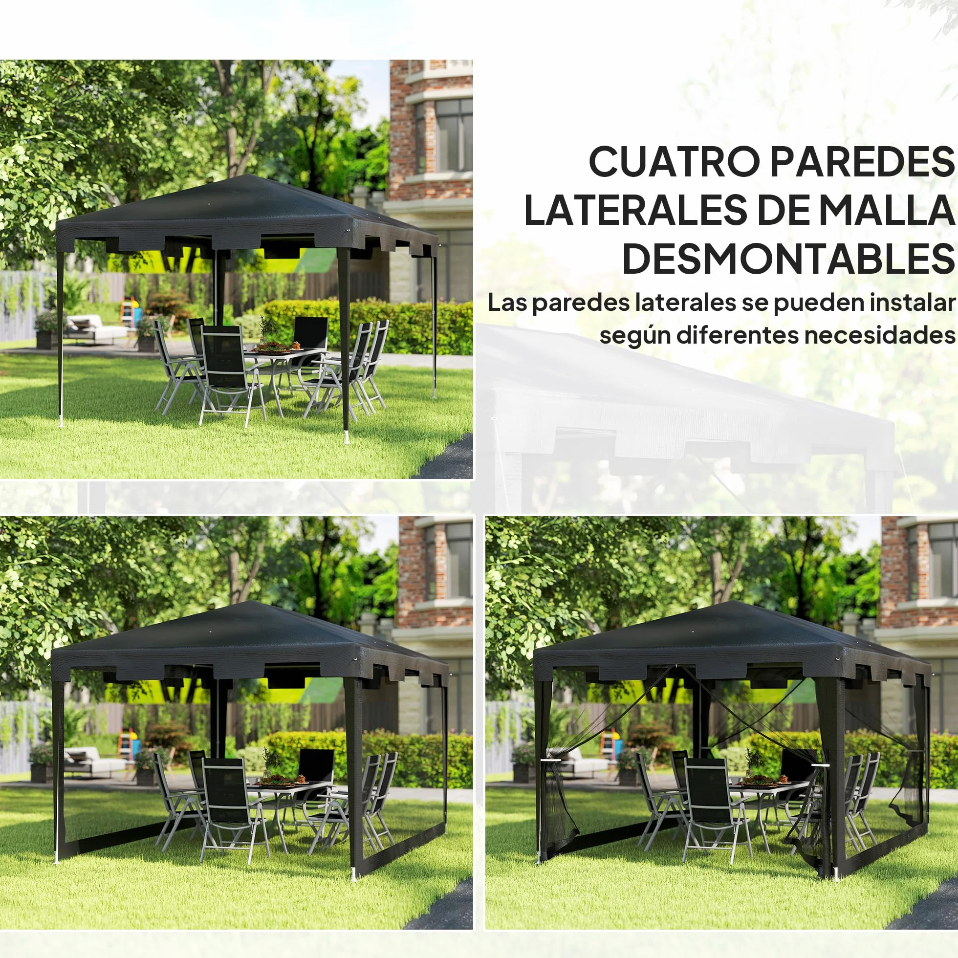 Outsunny Carpa de Jardín 4x3 m Cenador Desmontable Exterior con 4 Mosquiteras Laterales 2 Puertas con Cremallera y 6 Orificios de Drenaje Impermeable Anti-UV para Terraza Patio Playa Gris Oscuro