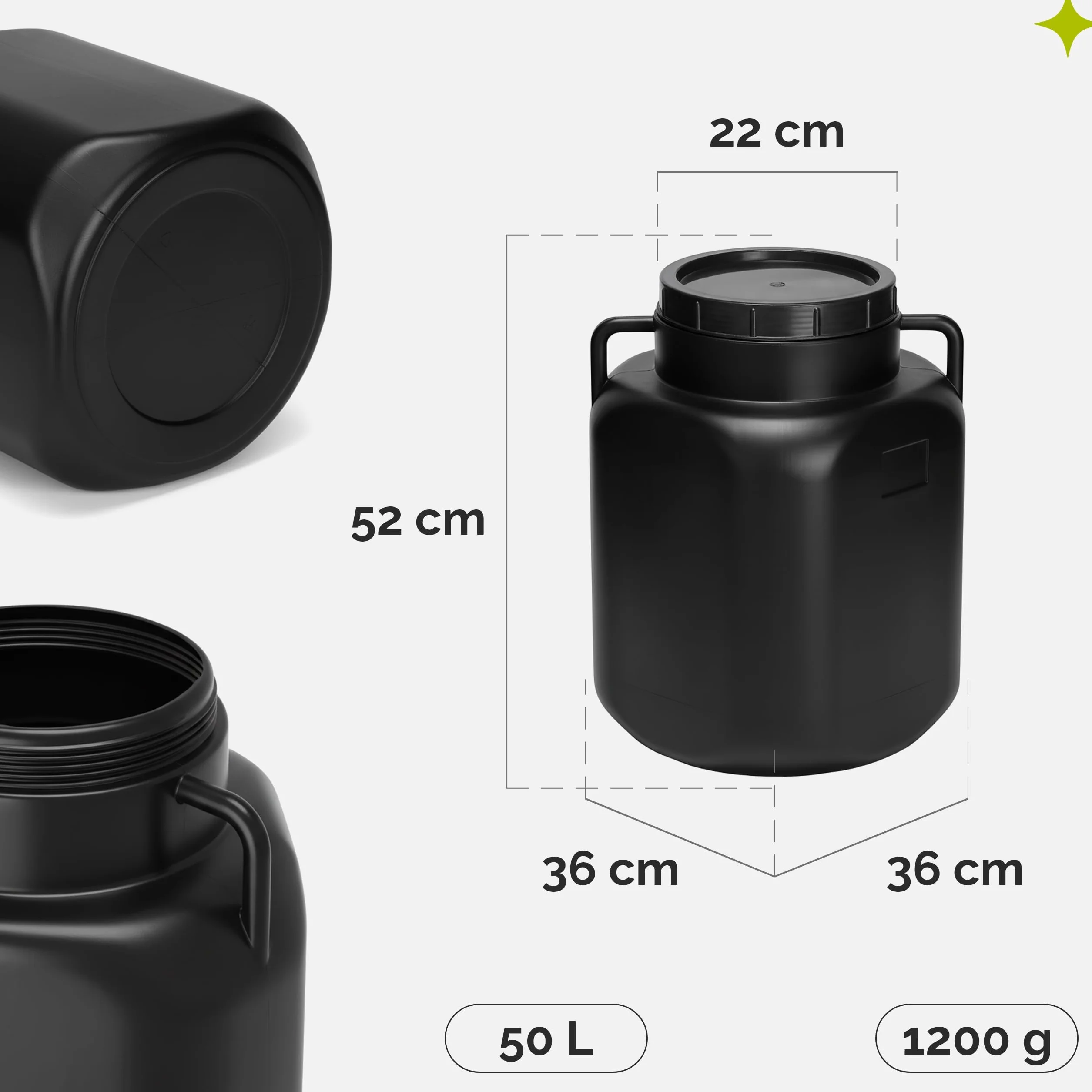 Barril Cuadrado 50 litros BPA-Libre Boca Ancha Depósito de Agua con Tapa Negro