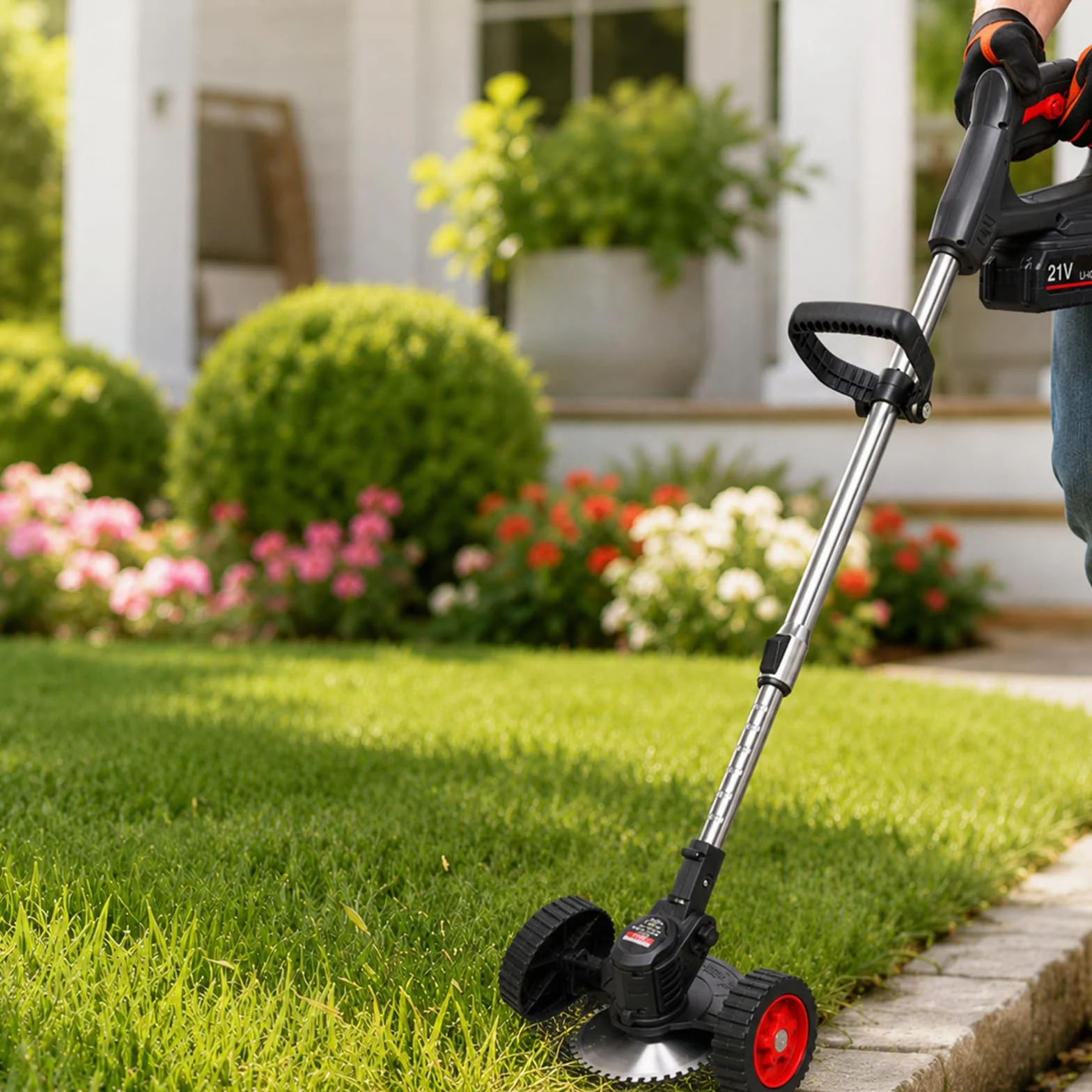 Cortabordes a Batería 21 V, 180 W, 8000 RPM, Doble Rueda Black-15-CellBattery | Tres tipos de cuchilla permiten perfilar césped, cortar maleza densa y trabajar pequeños tallos leñosos en el jardín