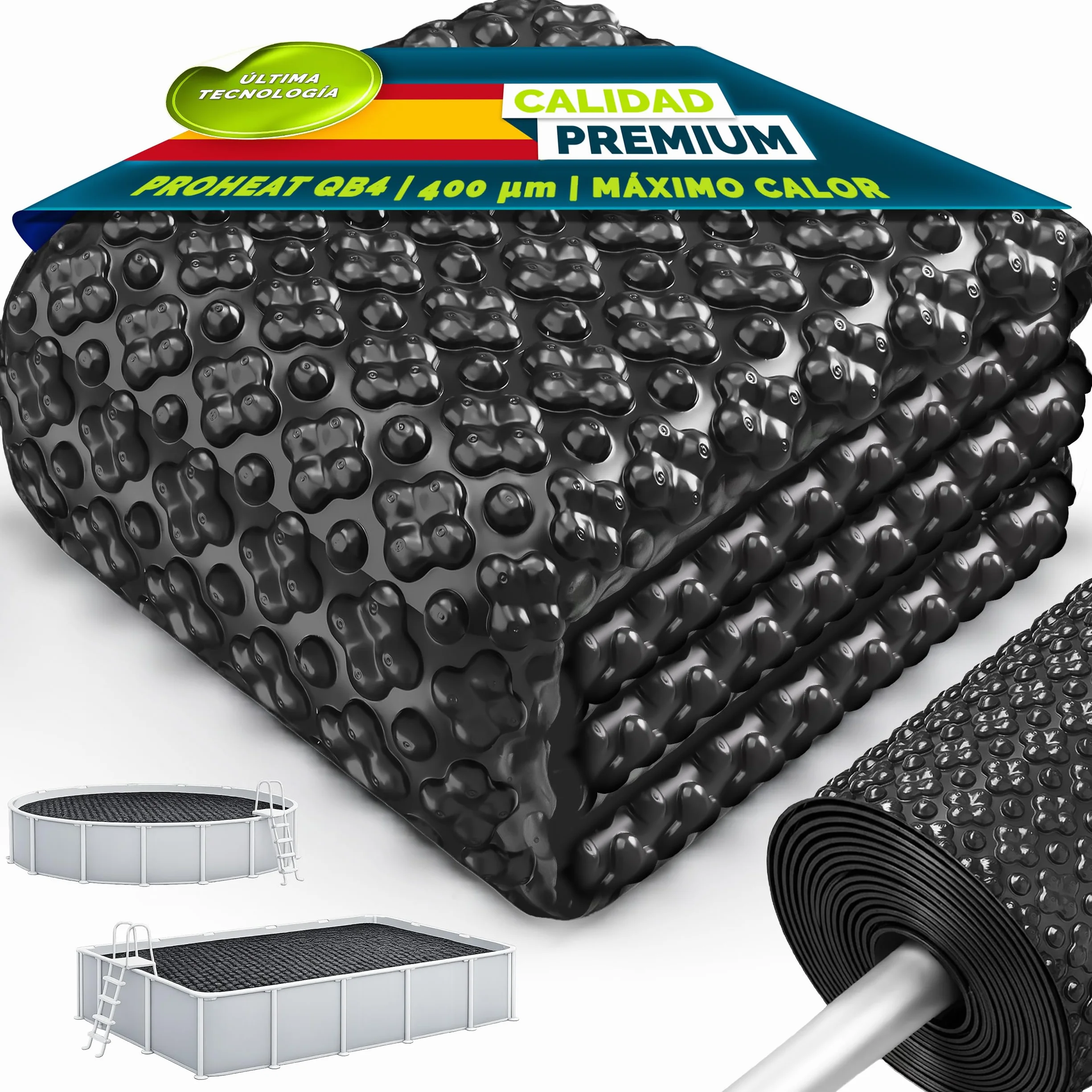 tillvex® Elite Lona Solar para Piscina 400 µm Rectangular 732 x 366 cm Cubierta Térmica Recortable ProHeat QB4