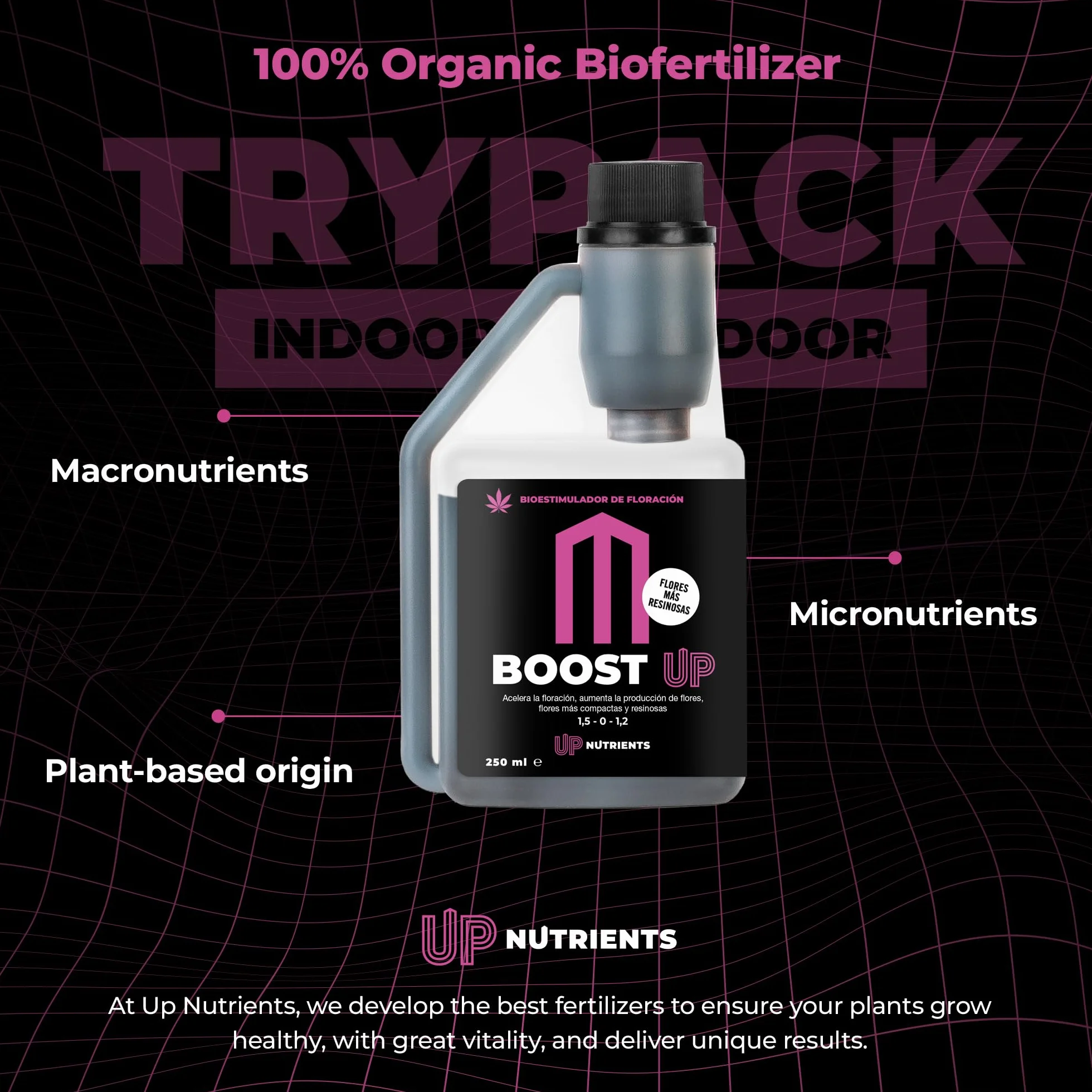 UP NUTRIENTS Trypack Fertilizante Grow Bloom Boost 250 ml Abono Orgánico Indoor Outdoor Enraizamiento Crecimiento Floración Cogollos Estimulador Flores Plantas