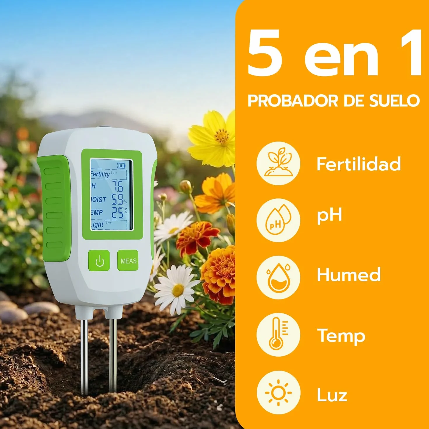 Medidor de Suelo 5 en 1, Higrómetro Digital para Plantas con Pantalla LCD, Humedad, pH, Temperatura, Luz, Fertilidad