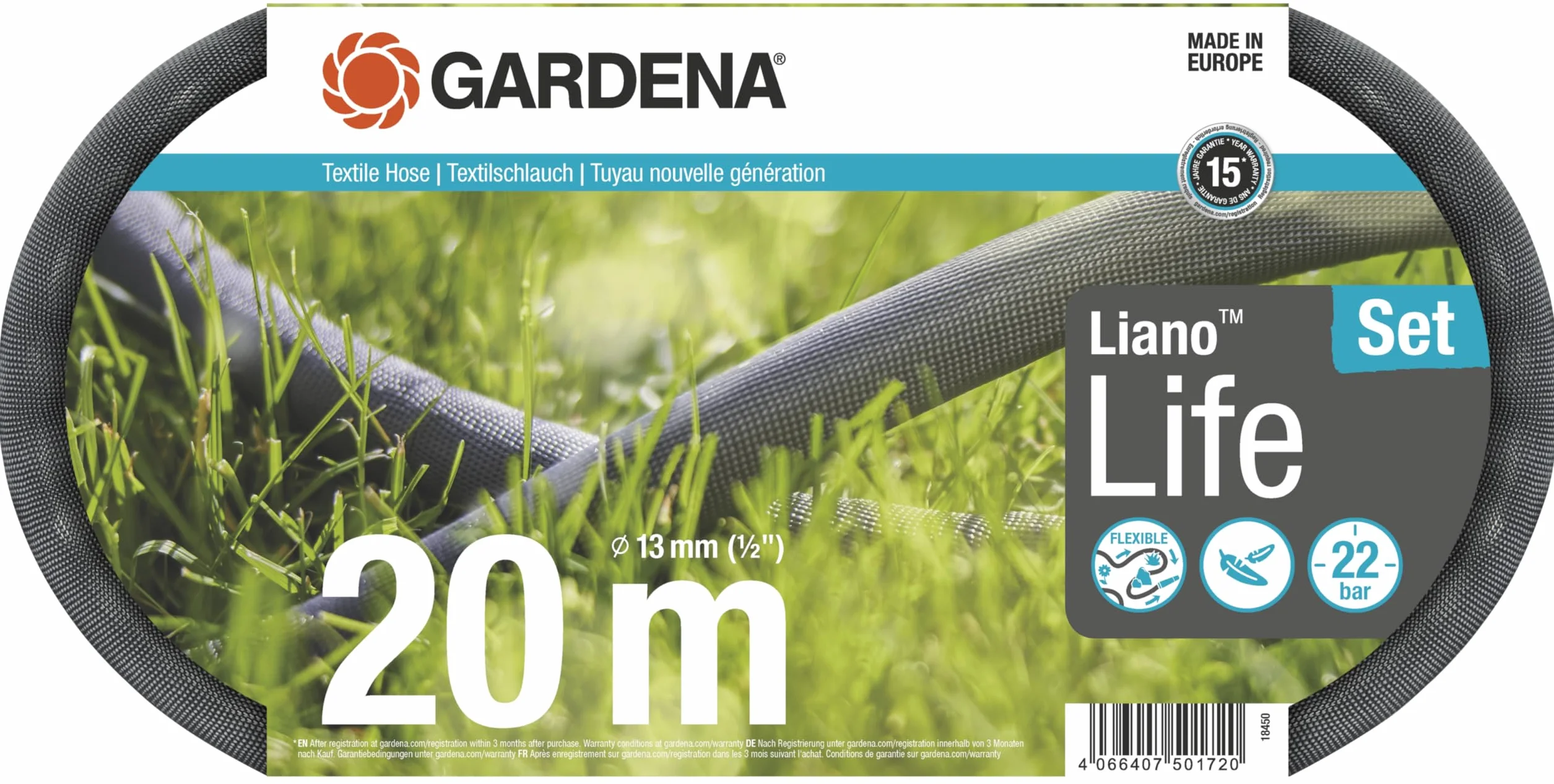 Gardena manguera textil Liano Life 1/2 pulgadas, 20m: Manguera de jardín de tejido textil muy flexible, con manguera interna de PVC, sin dobleces, ligera, resistente a la climatología (18450-20)