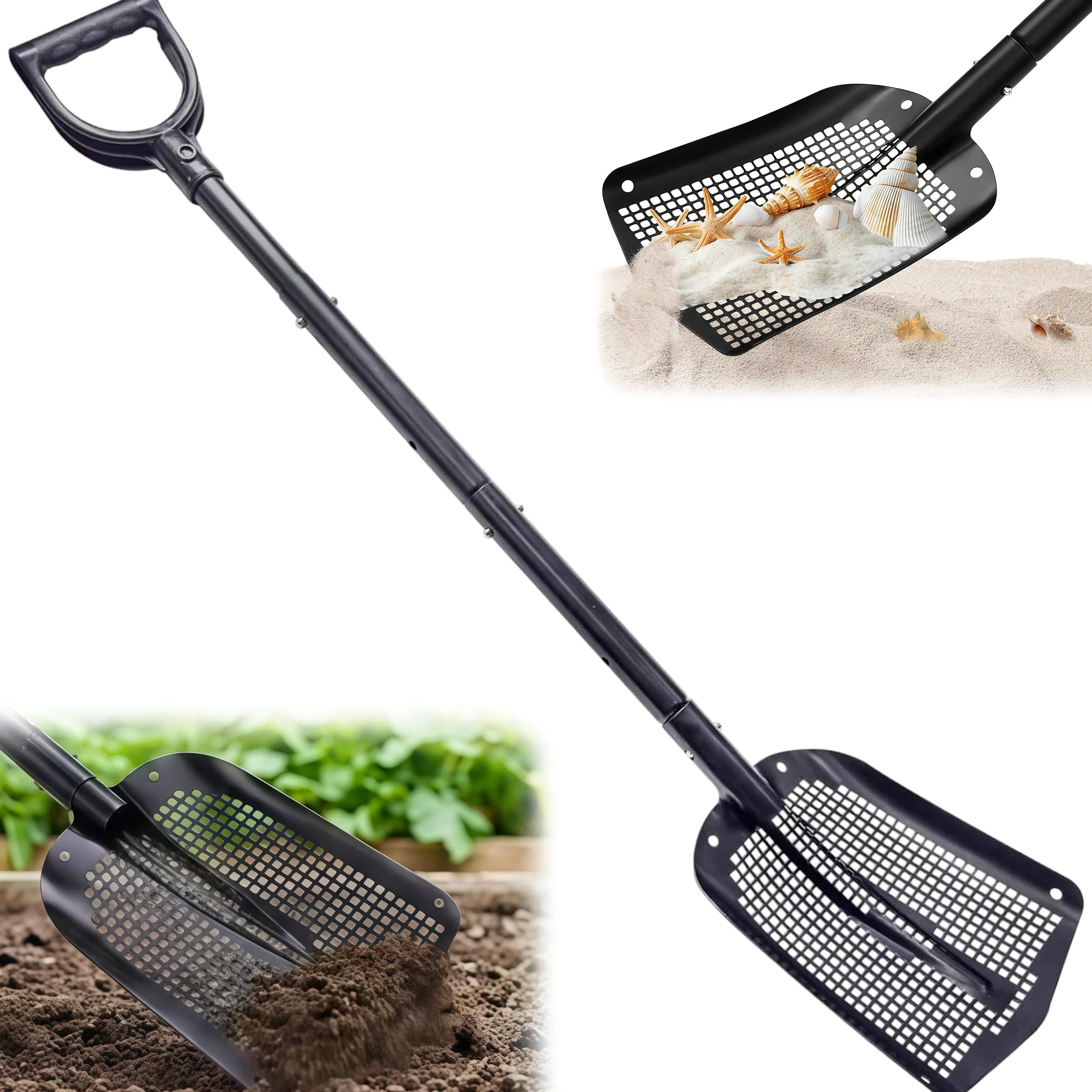 Colador portátil con Mango Ajustable de 59 – 118 cm, colador de jardín | aleación de aluminio, pala de arena, pala de playa, jardín para búsqueda del tesoro, limpieza de gallinero, siete de grava