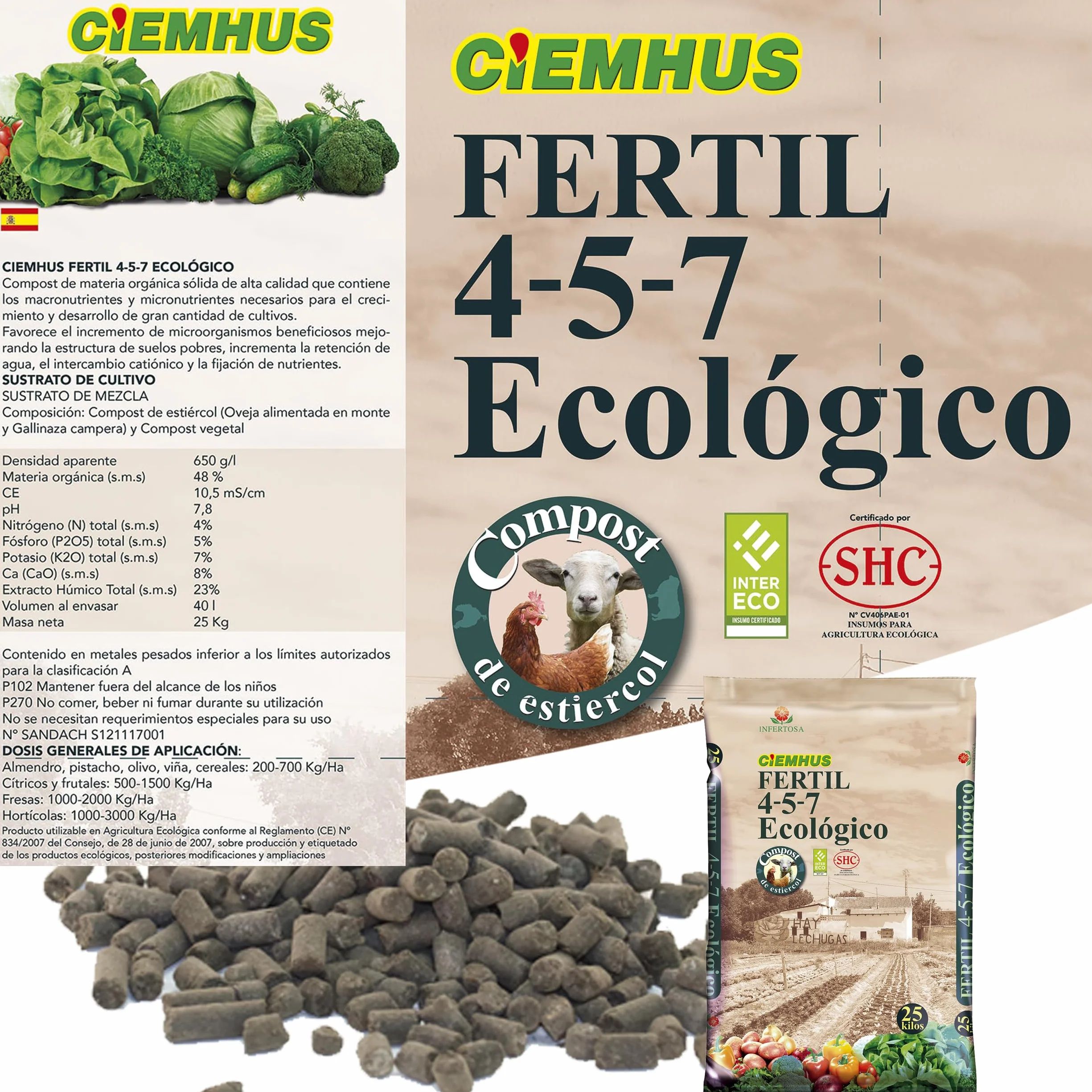 Compost Orgánico Pelletizado 4-5-7 25 KG Ecológico CIEMHUS