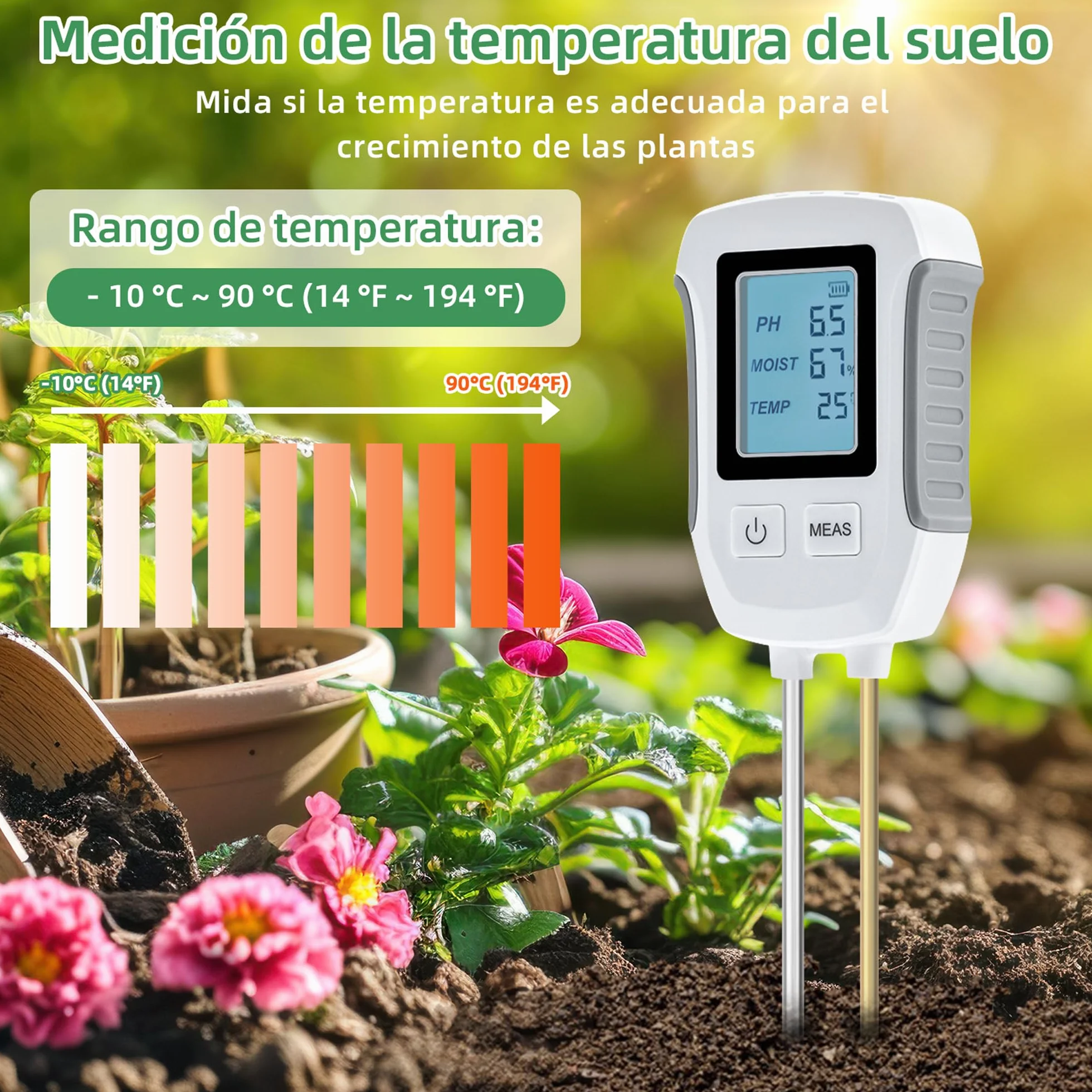 Mcbazel Medidor de Prueba de Suelo 3 en 1, Detección de pH, Temperatura, Humedad con Pantalla LCD Retroiluminada