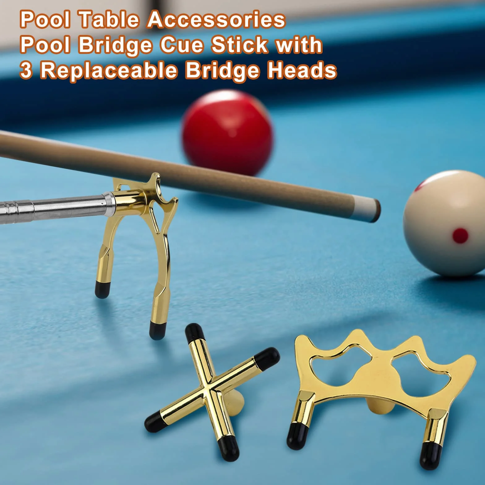 MXiiXM Palo retráctil para puente de billar con cabezal reemplazable de 3 estilos, accesorios para mesa de billar dorado