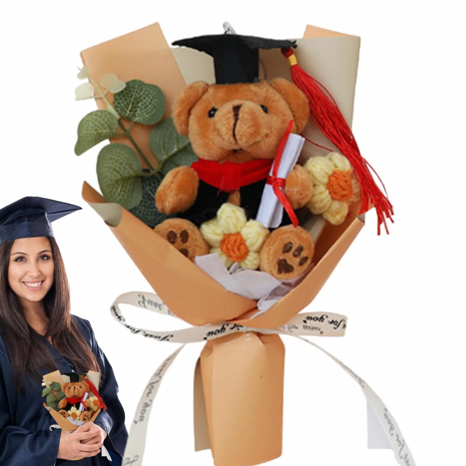 Ramo de Flores de Oso de Graduación, Flores de Ganchillo Hecho a Mano con Oso de Peluche