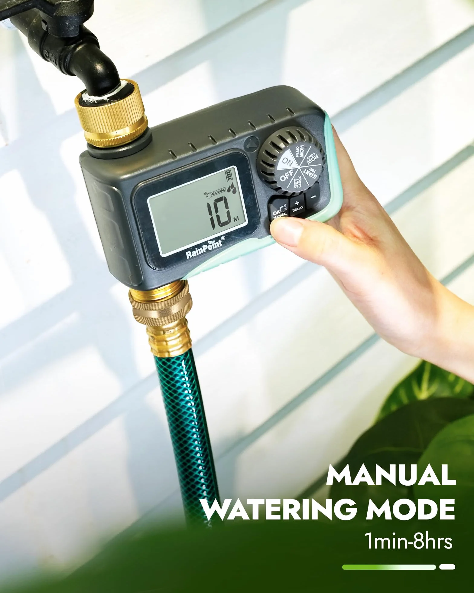 RAINPOINT Temporizador de aspersor con entrada y salida de latón, temporizador de manguera programable para manguera de jardín, temporizador de agua con retardo de lluvia/sistema de riego manual