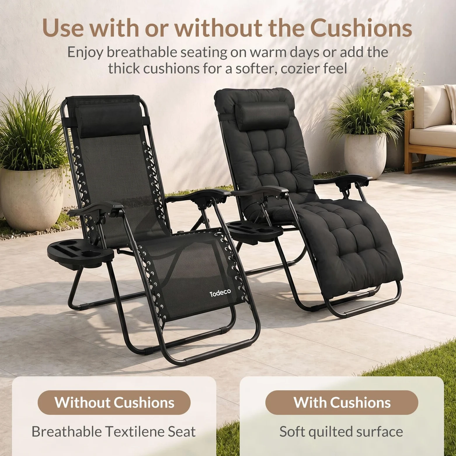 Todeco Tumbona Plegable Jardín con Cojín Extraíble, 2 en 1 Silla Gravedad Cero Reclinable con Portavasos Respaldo Ajustable para Patio, Camping, Terraza y Piscina, Juego de 2 Negro | Cojín Extraíble, Portavasos Respaldo Ajustable, para Patio, Camping, Ter