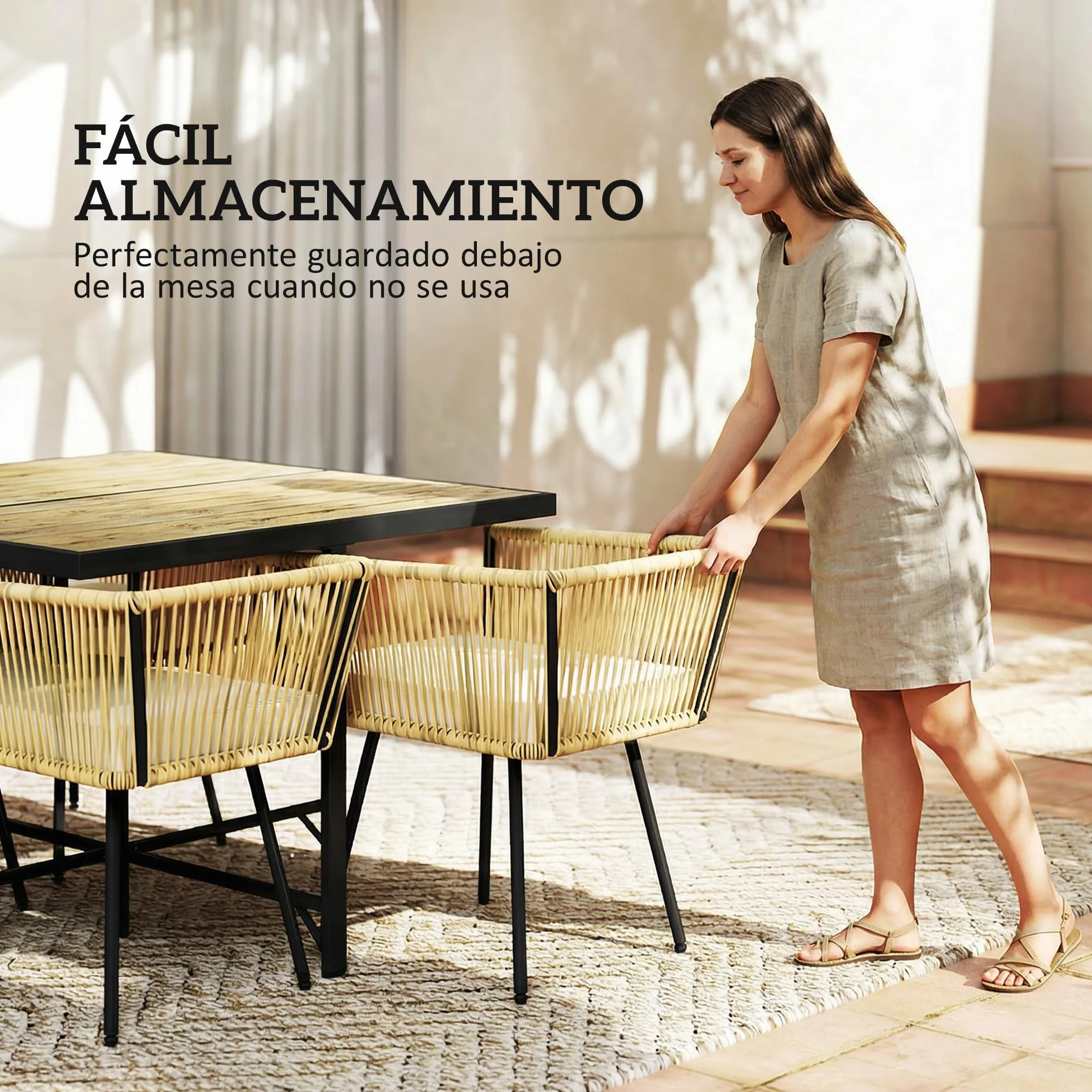 Outsunny Conjunto de Mesa y Sillas Jardín de Ratán de 5 Piezas, Muebles Jardín Exterior con Mesa de Plástico-Madera y 4 Sillas con Cojines Extraíbles, Marco de Metal Resistente para Terraza, Beige
