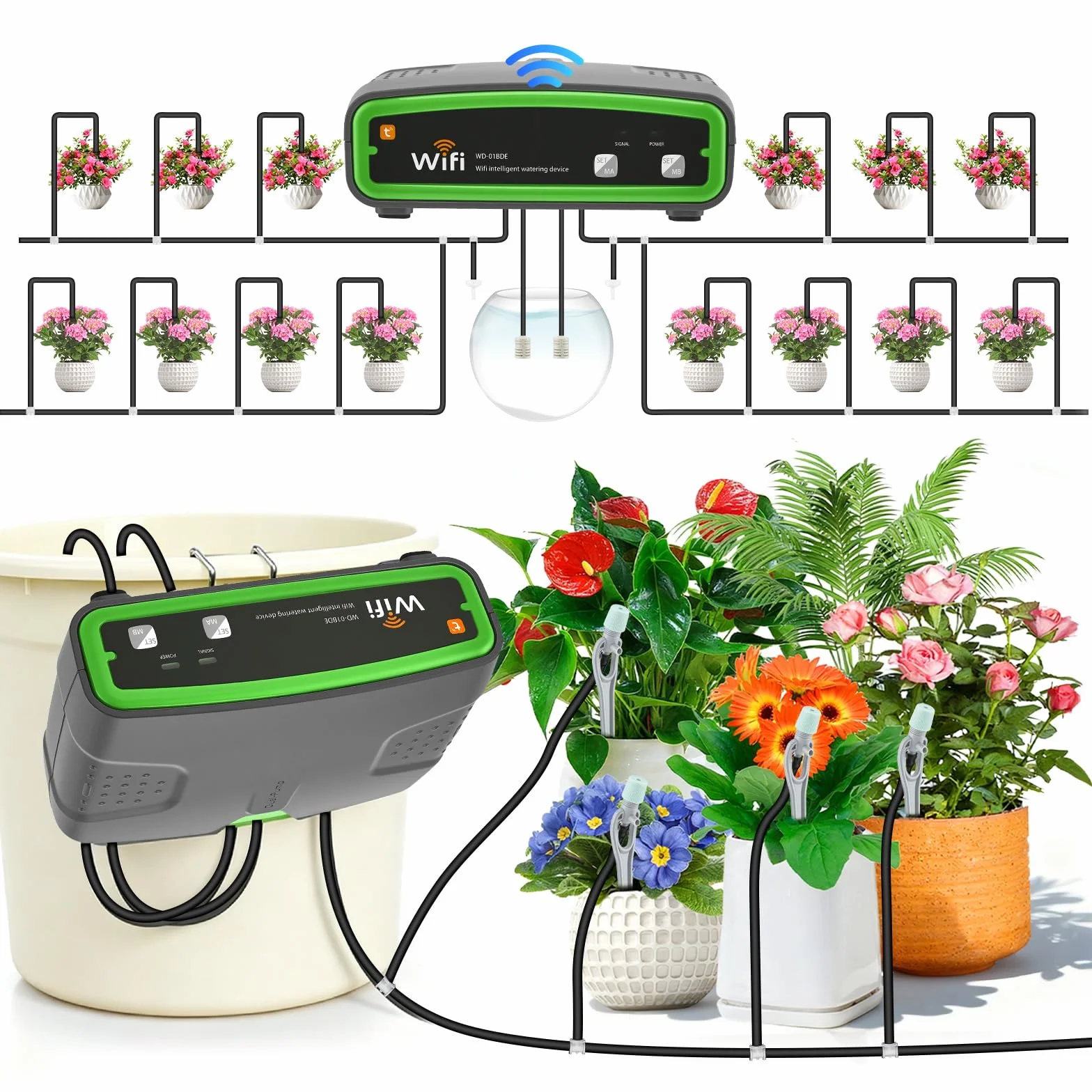 Sistema de riego wifi, riego automático para 20 plantas en maceta | Con bomba doble,Control independiente,Control de aplicaciones,Riego automático interior para balcón,Plantas en macetas