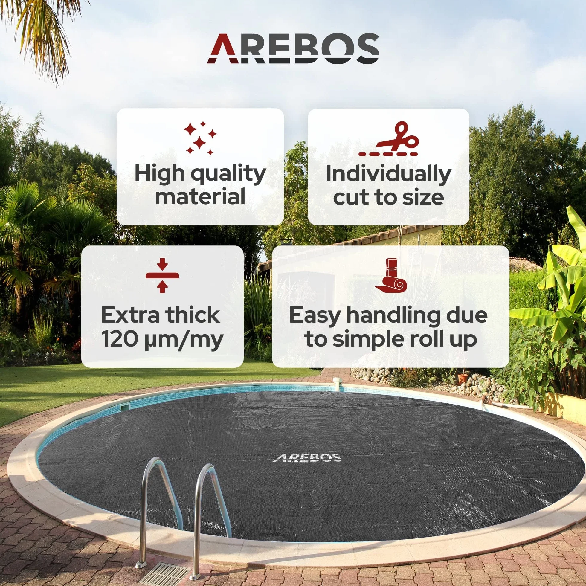 Arebos Cubierta Solar Piscina Ø 4,57 m Negro Lona Redonda 120 µm Protector Térmico Ahorro Energía