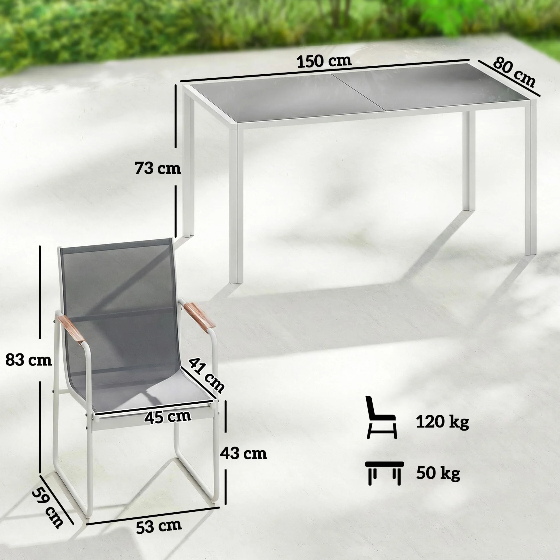 Outsunny Conjunto de Mesa y Sillas Jardín de 7 Piezas, Muebles Jardín Exterior con Mesa de Vidrio Templado, 6 Sillas Transpirables Decorativas, Marco de Acero Resistente a la Intemperie, Blanco y Gris