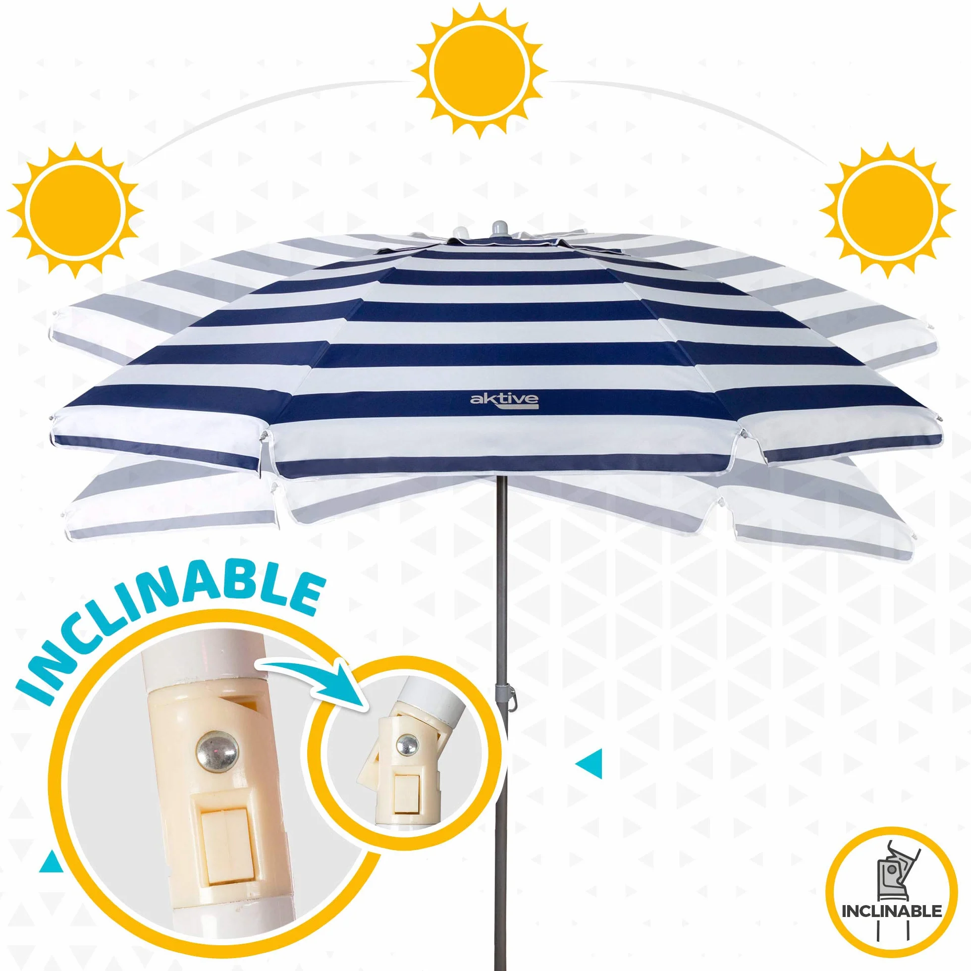 AKTIVE Sombrilla Playa Grande 220 cm, UV50, Inclinable, Regulable Altura, Mástil Acero, Tejido Oxford, 8 Varillas, Funda Transporte