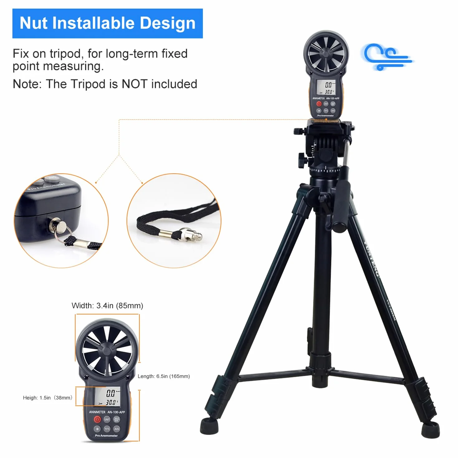 Anemometro Portatil Bluetooth AI-100APP Medidor de Viento AIOMEST 30m/s Flujo de Aire Temperatura Viento HVAC Drones Riego