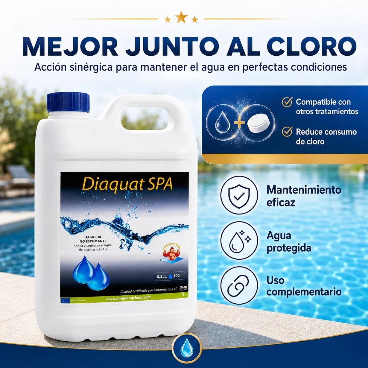 Algicida ULTRACONCENTRADO DIAQUAT SPA 5 L Antialgas de acción rápida Efecto CLARIFICANTE de Larga duracion Apto para Liner