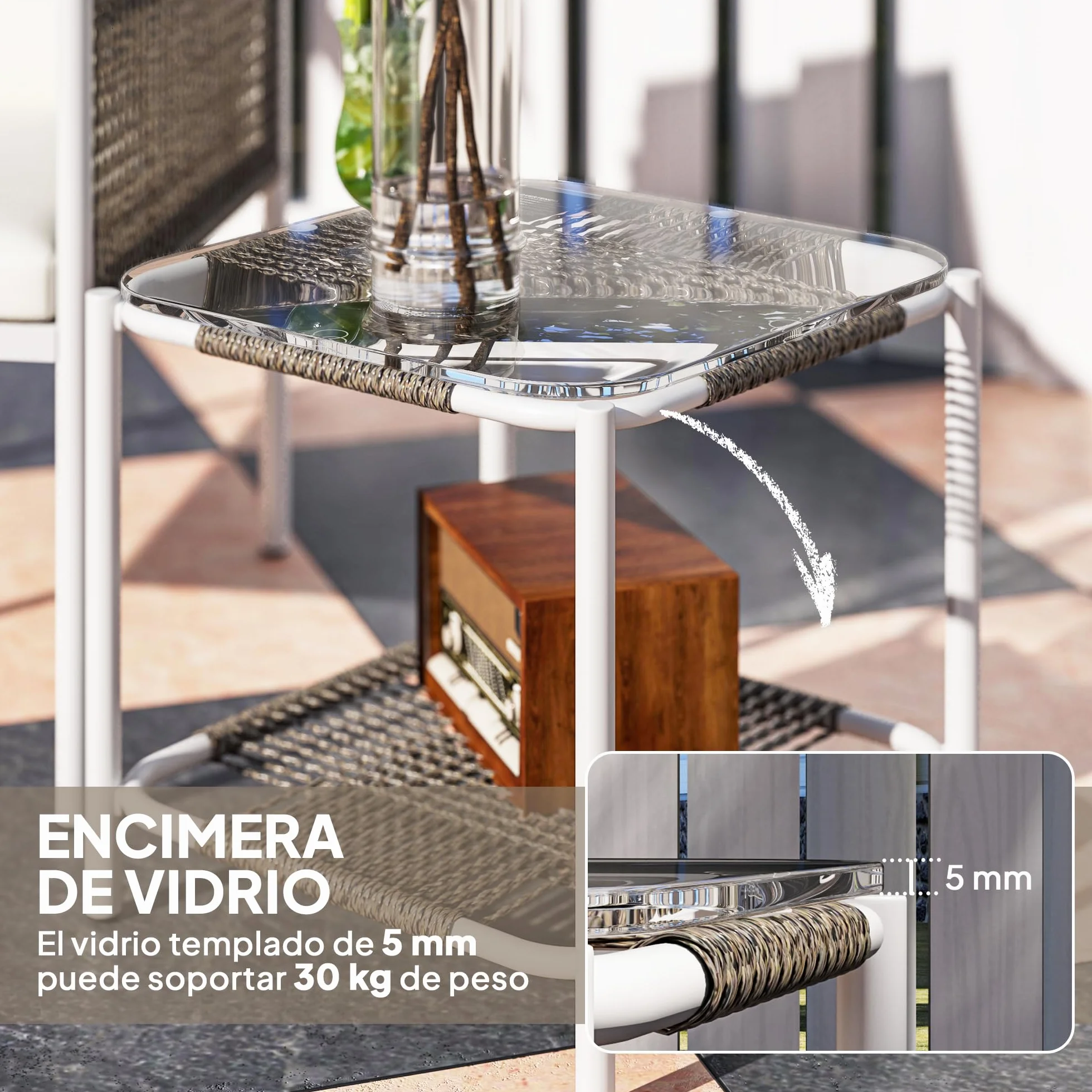 Outsunny Conjunto de Jardín 3 Piezas Mesa y 2 Sillas Ratán con Encimera Vidrio Cojines Acolchados Marrón Crema