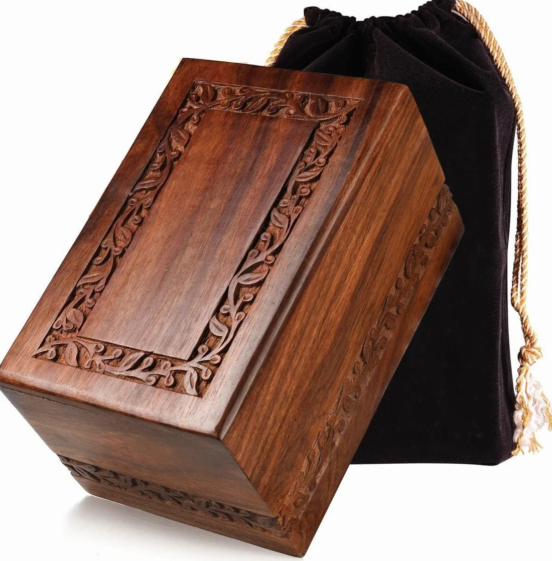 Urna de madera de palisandro hecha a mano para cenizas humanas para adultos, capacidad de 200 pulgadas cúbicas, urna funeraria con borde grabado para cenizas, caja de recuerdo conmemorativa