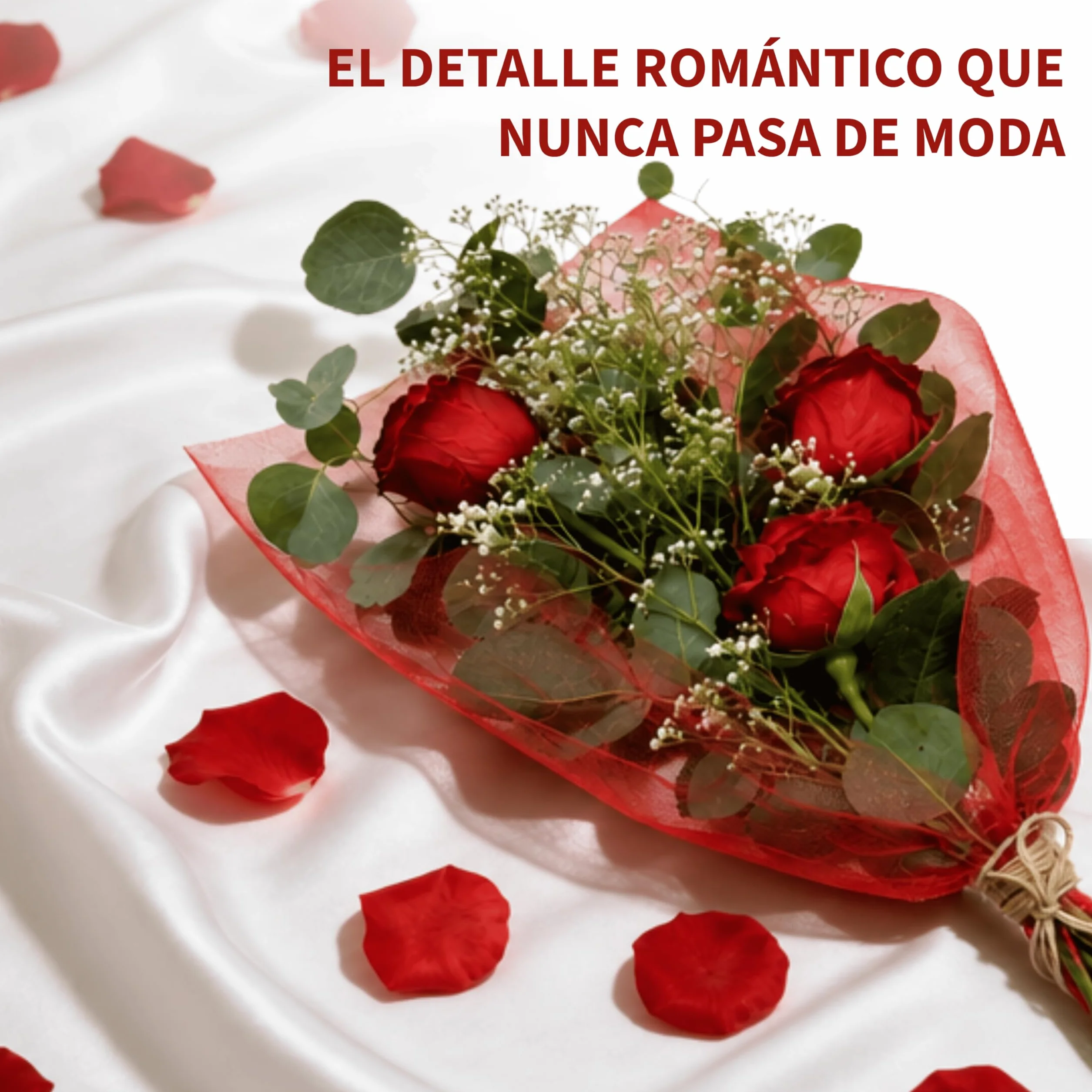 Ramo de 3 Rosas Frescas Naturales con Paniculata, Rosa Roja para Ella, Detalle Romántico