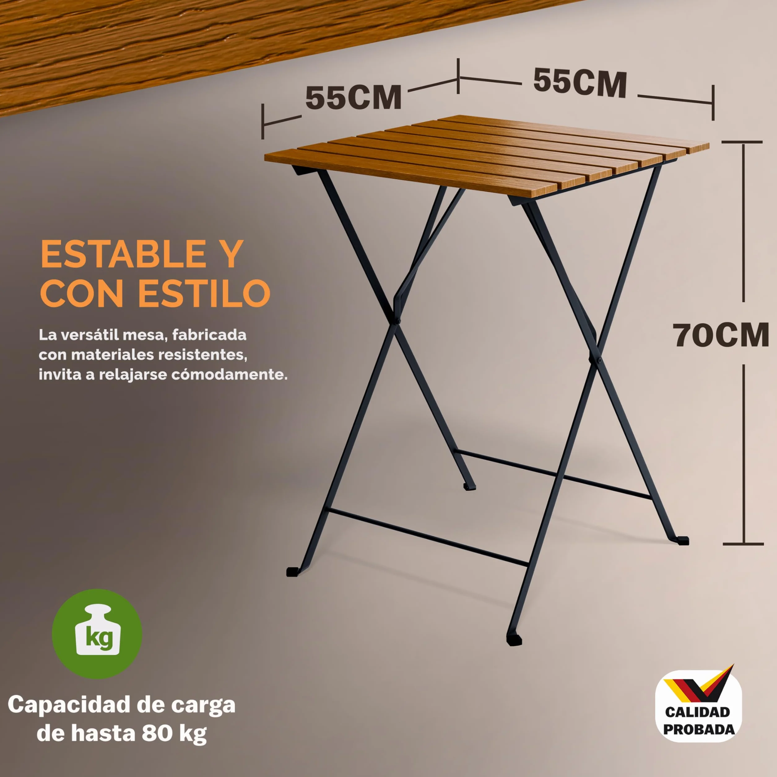 CASARIA® Set Muebles de Balcón 3 Pzs Mesa 2 Sillas Jardín Plegables Completo Metal Madera Acacia Certif FSC®