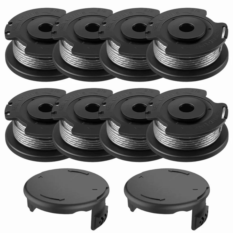Hilo para cortabordes Recambio de Hilo, Paquete de 8 carretes de Hilo for Recortadora y 2 Cubiertas for Modelos Art de 1,6 mm de diámetro y 4,9 m de Longitud de Nailon Negro