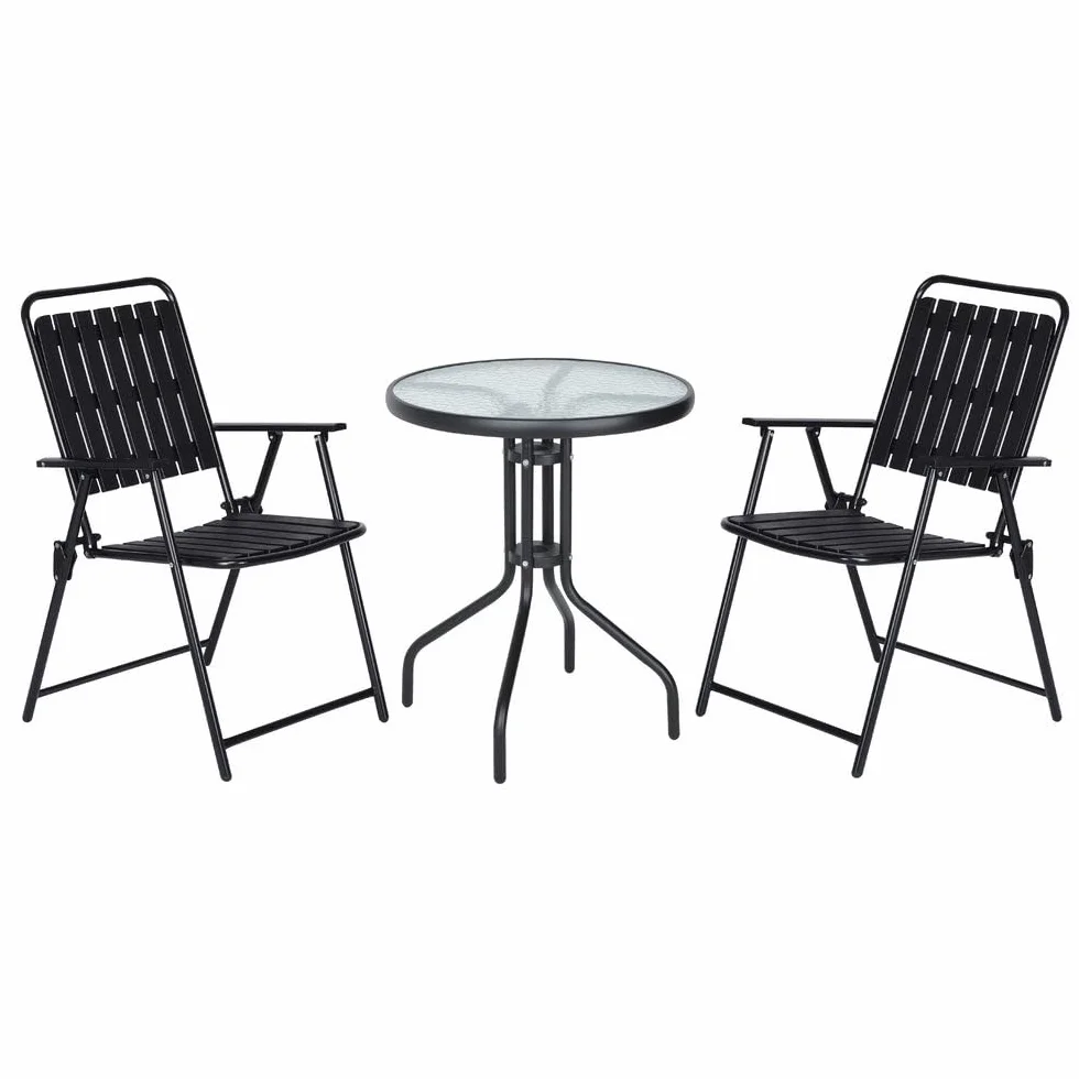 Monty Set de Jardín Bistro 3 Piezas Mesa 60cm 2 Sillas Plegables Negras Acero Polipropileno Cristal Templado