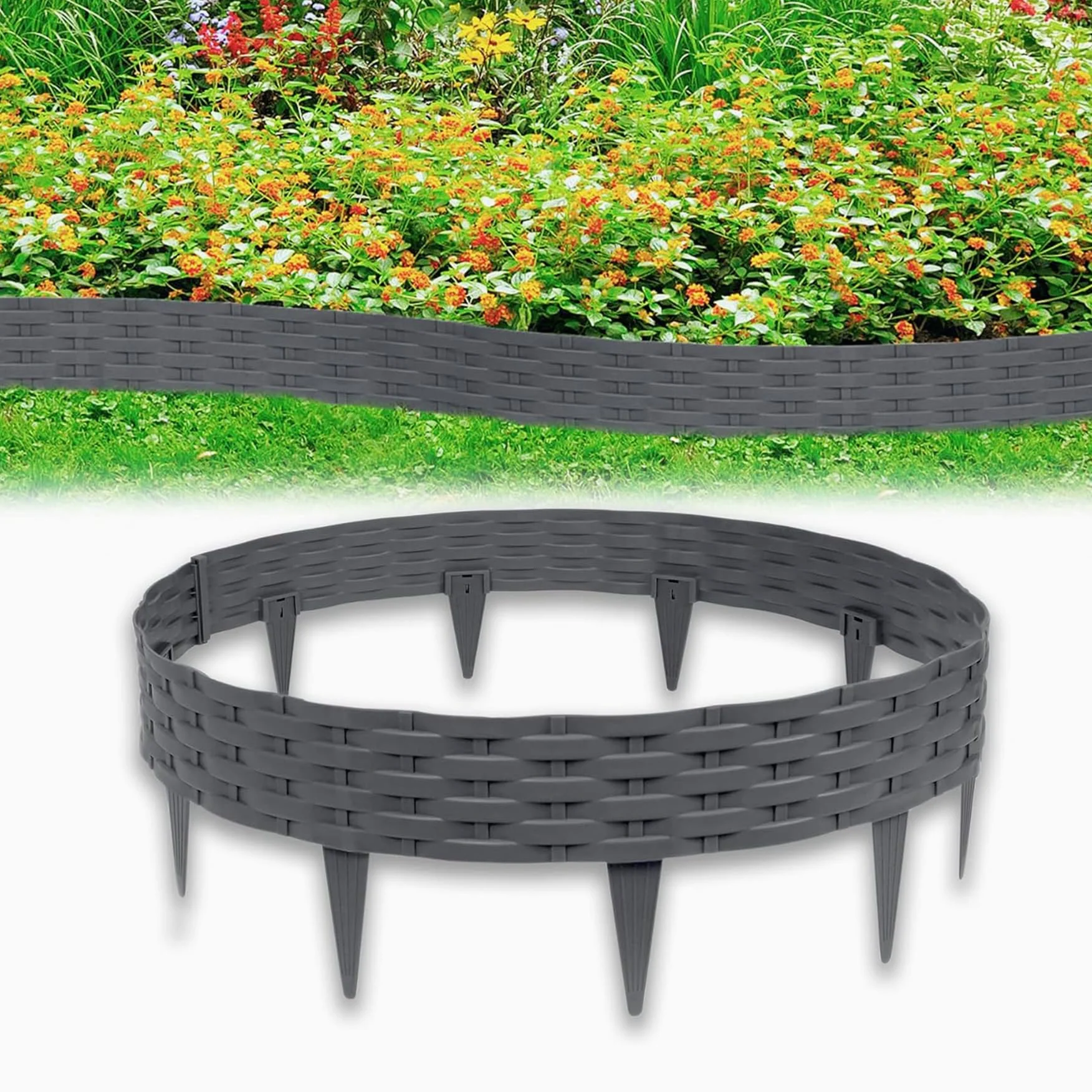 Froadp 100cm Imitación de Ratán Delimitadores de Bordes para Jardín, Borduras de Cama Flexible de Plástico, Bendable Vallas de Césped para Parterres, Empalizadas Bordillos (30 Piezas, Antracita)