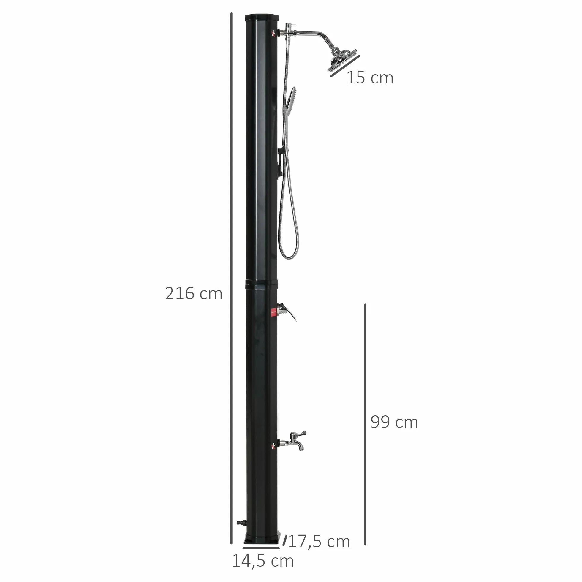 Outsunny Ducha Solar Exterior 35L 2 Cabezales Grifo Agua Caliente 0-55℃ Jardín Piscina 17,5x14,5x216 cm Negro