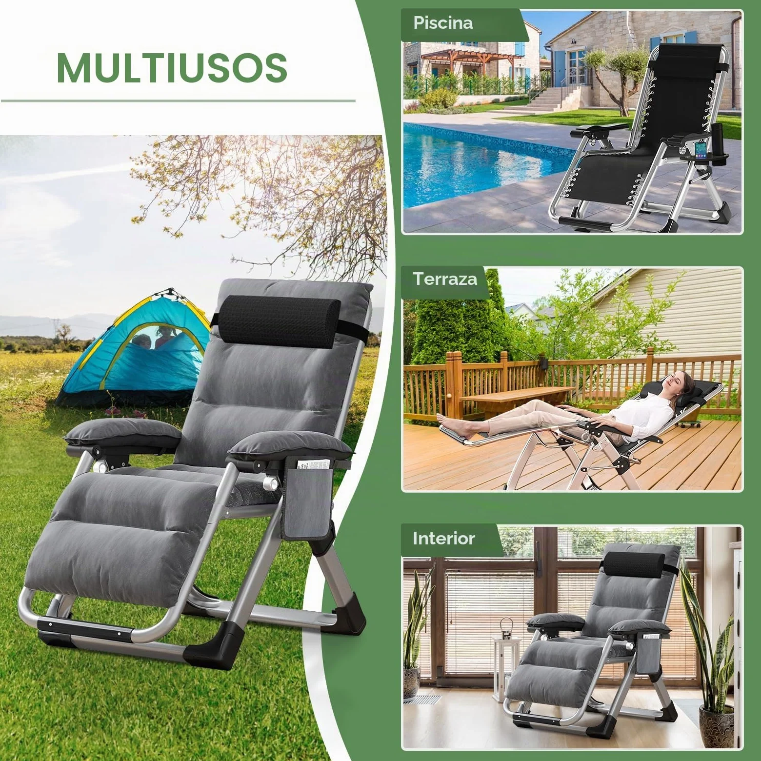 Tumbona Ryuhic para jardín, silla de gravedad cero ajustable, resistente con cojín y reposacabezas, bolsillo, soporta 200 kg, sillas reclinables plegables