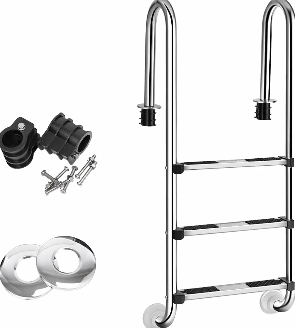 GYMAX Escalera de Piscina de 3 Peldaños de Acero Inoxidable, 150 kg, 55 x 25 x 132,5 cm, Plateado