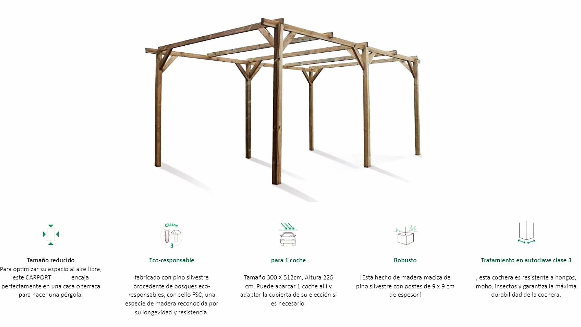 Bricoloco Cochera de Madera para 1 Coche Exterior Pino 13,4 m² 3x5 MTS Certificado FSC
