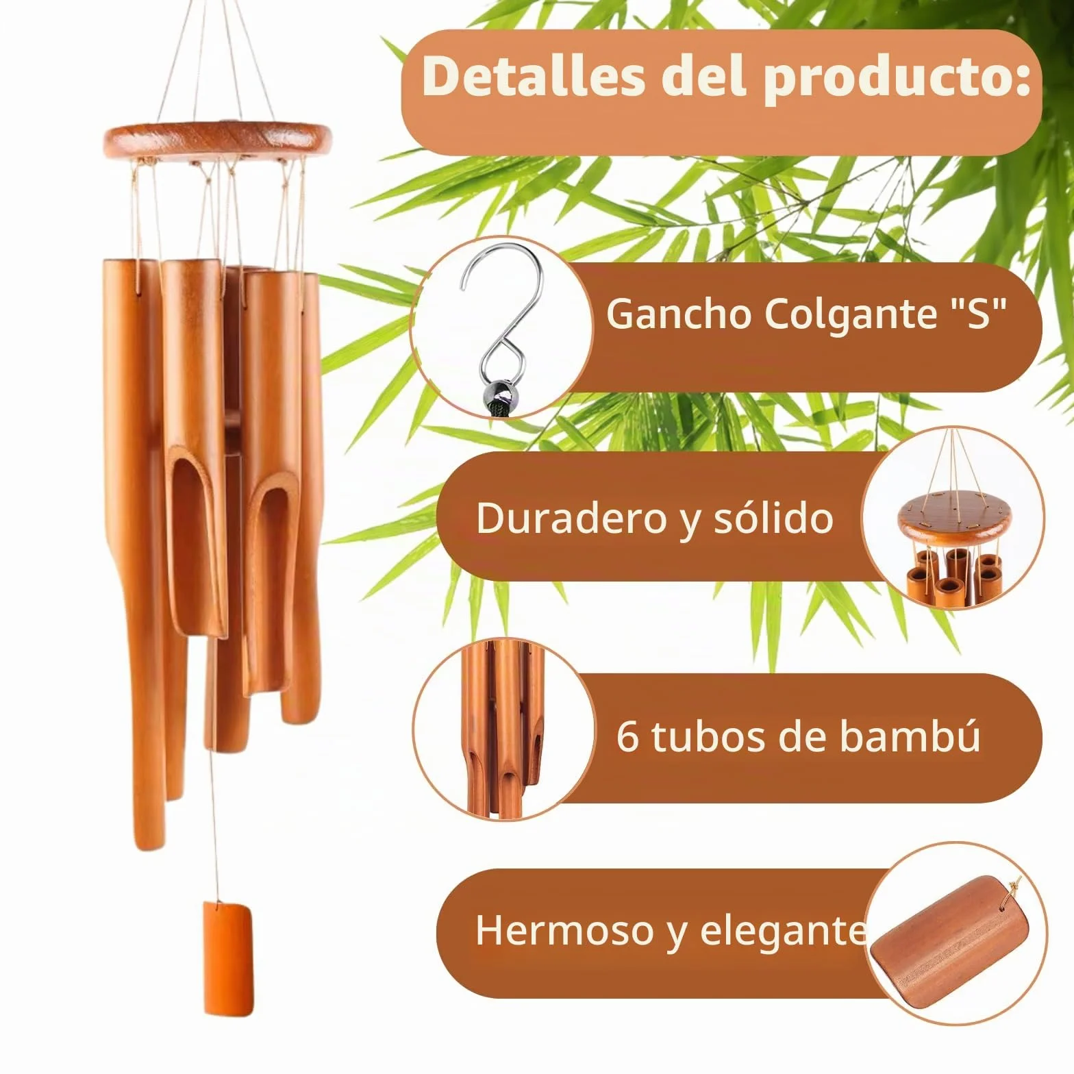 Campanas de viento de bambú 6 tubos para exteriores e interiores