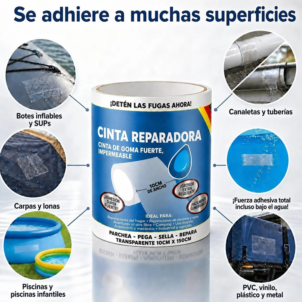 ATG Kit reparación piscina cinta adhesiva impermeable transparente 10×150 cm selladora PVC liner