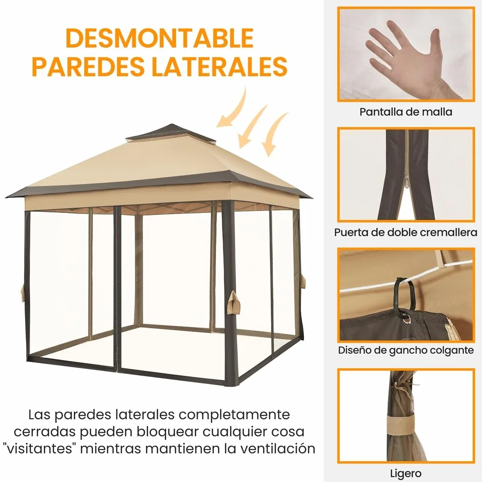 Yaheetech Carpa Plegable 3.3x3.3m Cenador Exteriores con 4 Mosquiteras con Cremallera,Altura Ajustable de 271-291cm,Resistente al Viento,Montaje Rápido,Ideal para Jardín y Patio,Color Caqui