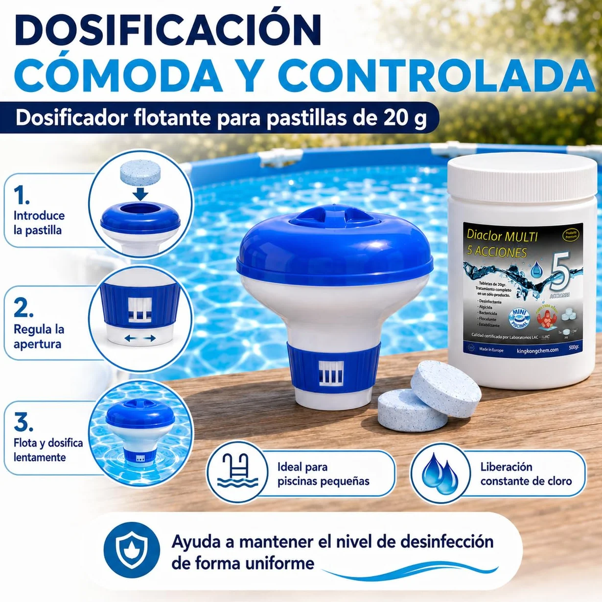 DIACLOR Kit Cloro Piscinas Pequeñas Multi 5 ACCIONES 500 GR Pastillas 20 GR SIN Cobre Antialgas DIAQUAT SPA 500 ML DOSIFICADOR