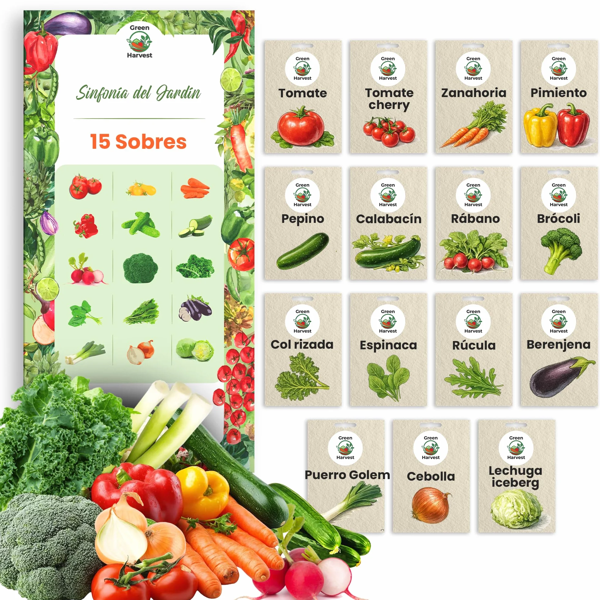 Set de Semillas de Vegetales 15 Variedades TORAF – Tomate, Pepino, Pimiento, Calabacin, Brócoli, Rúcula