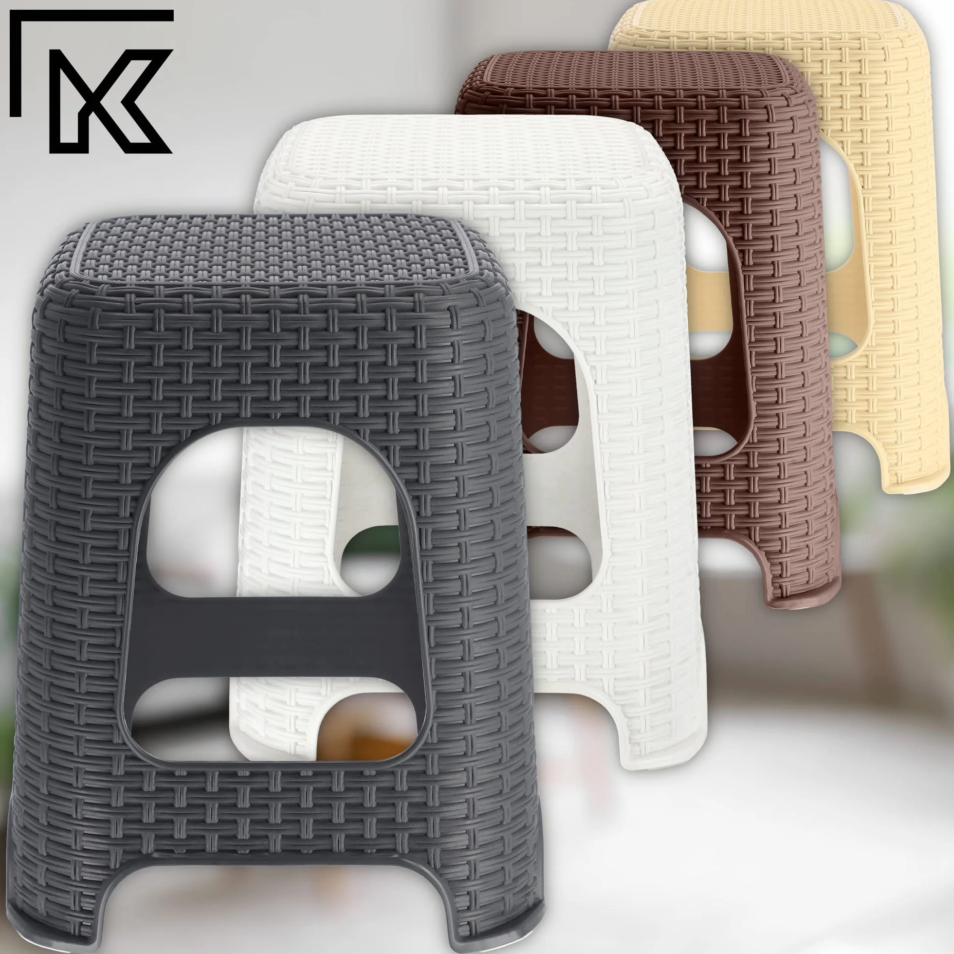 KADAX Elegante Taburete de Plástico con Acabado de Ratán para Exteriores, Patios, Balcones y Jardines (Beige)