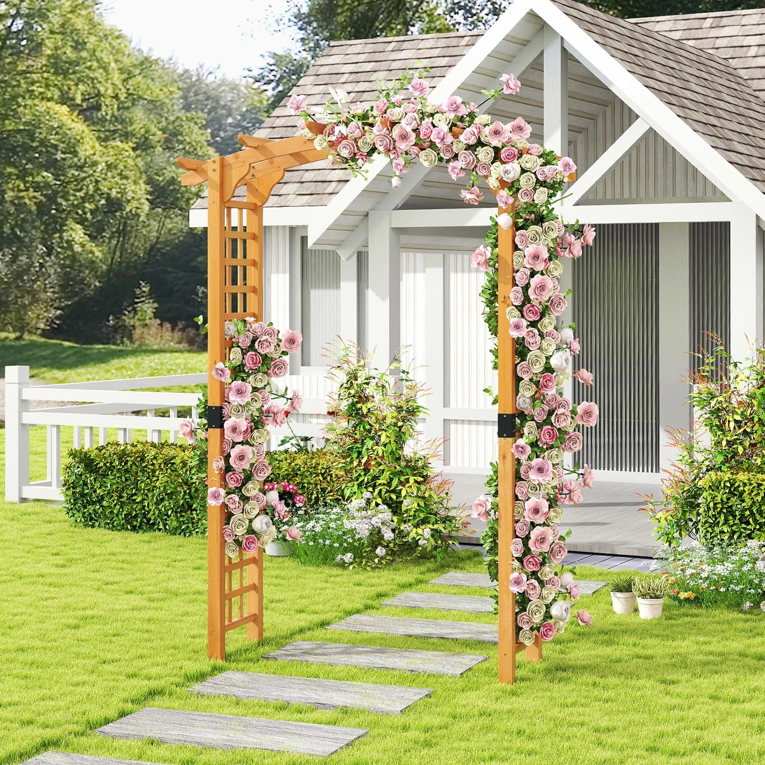 HOMASIS Arco de jardín de madera para rosas y plantas trepadoras, soporte naranja 160x60x229 cm