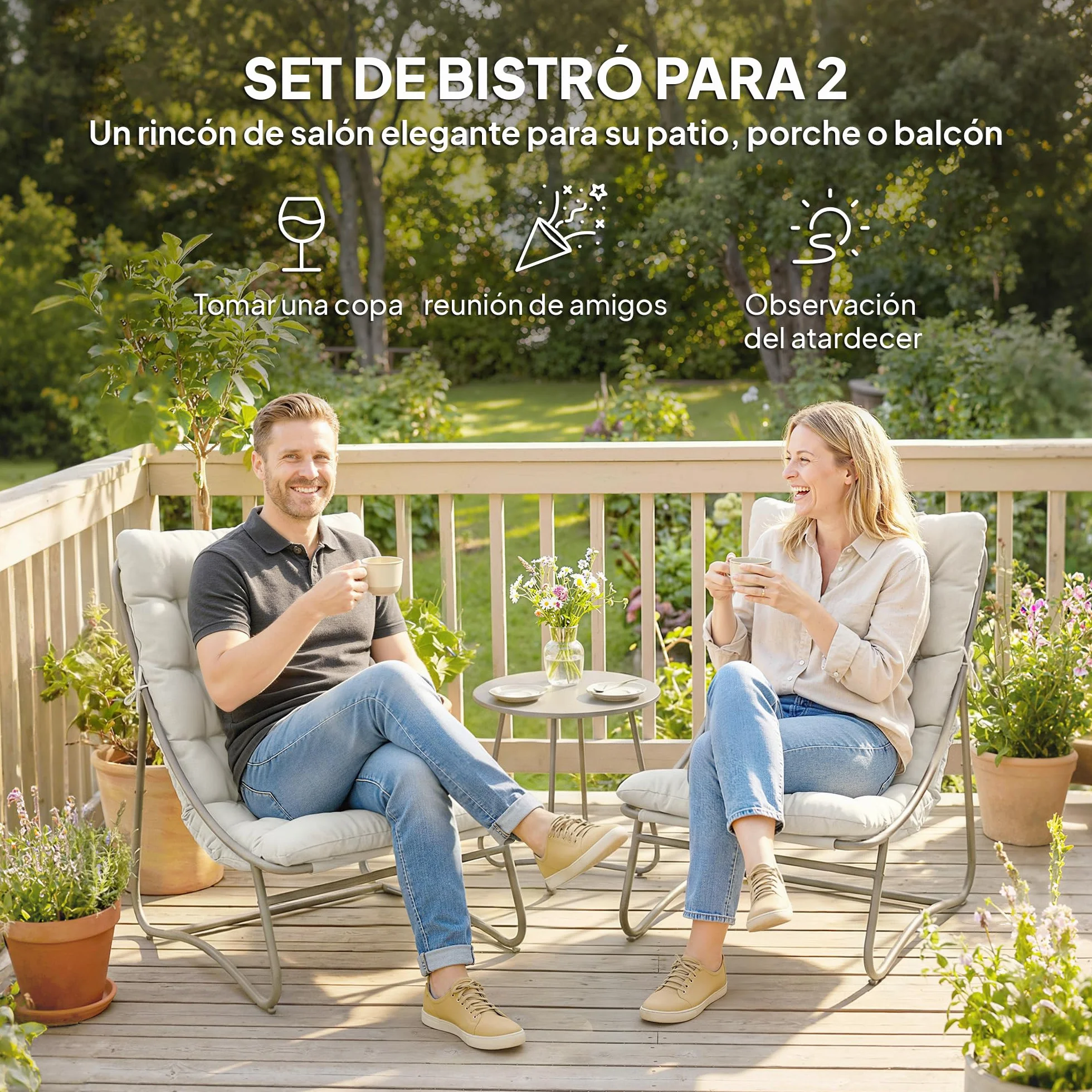 Outsunny Conjunto de Mesa y Sillas de Terraza Exterior 3 Piezas, Muebles de Jardín con Cojines, Gris Claro