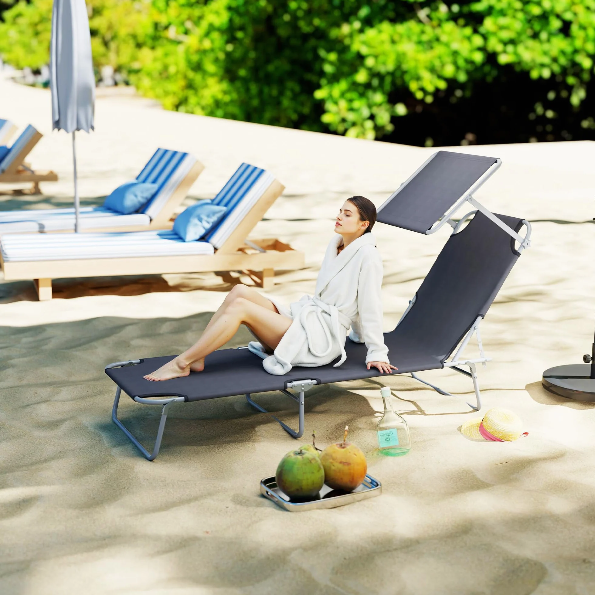 Outsunny Tumbona Plegable Jardín Exterior Reclinable con Toldo Desmontable Respaldo Ajustable 4 Niveles 187x58x36 cm Gris