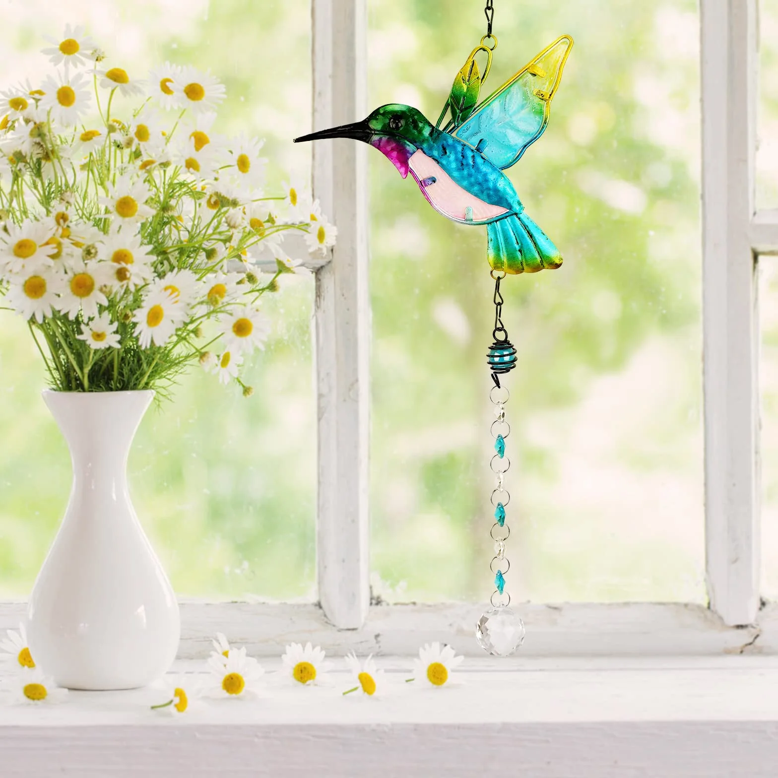 MWOOT Cristal Atrapasoles Colibrí Ferro Suncatcher Decoración Arcoíris Prisma Colgante