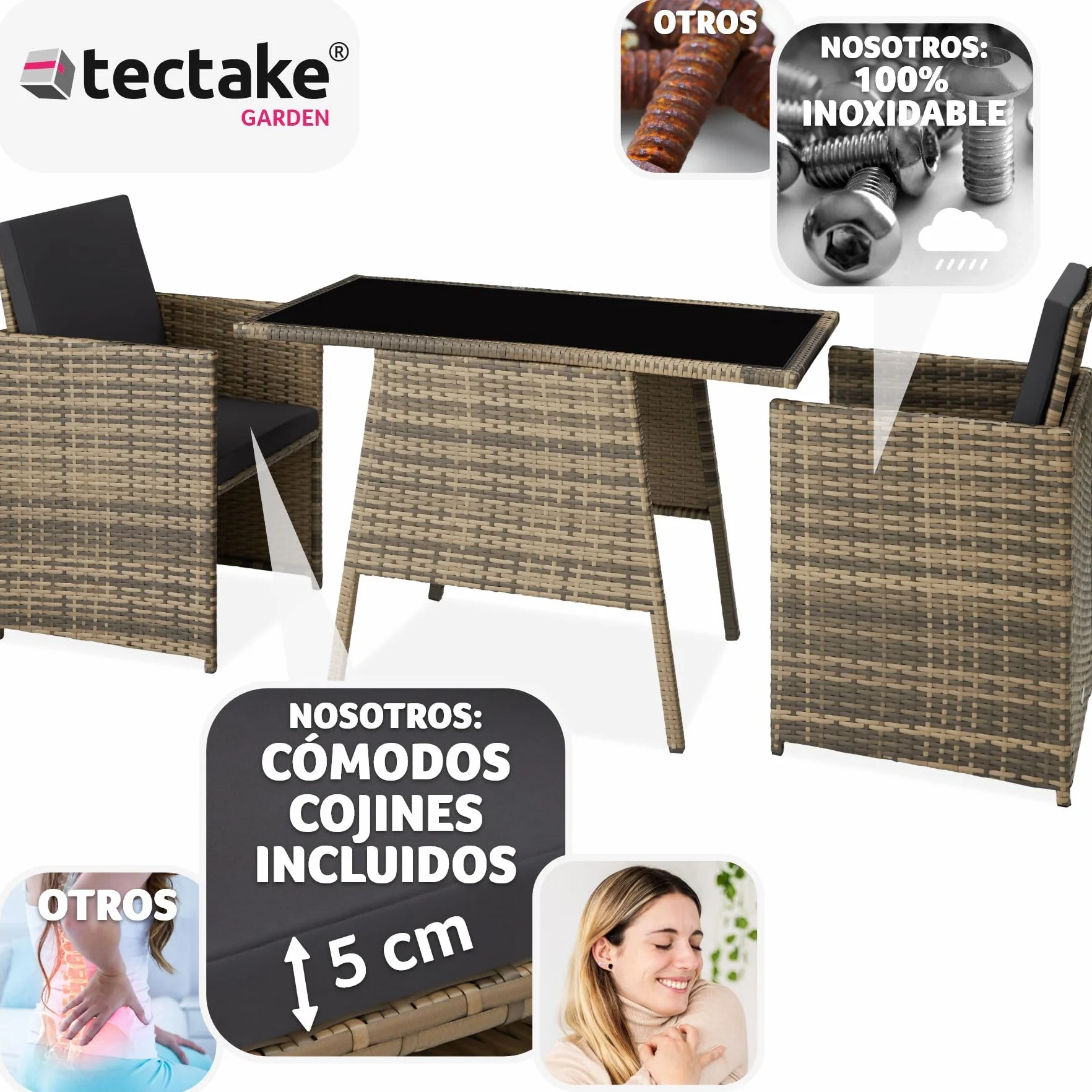 tectake Conjunto Jardín Exterior Ratán Aluminio 2 Sillas Cojines Mesa Cristal Apilable