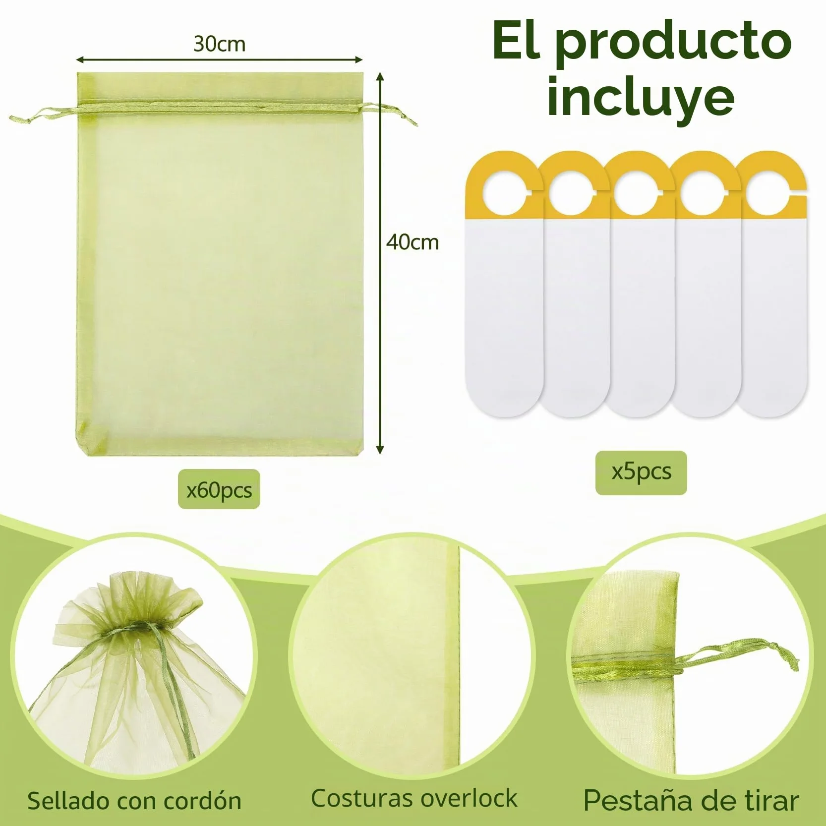 Bolsas Organza Fruta con Cordón 40x30 cm, 60 Piezas Protección Uvas