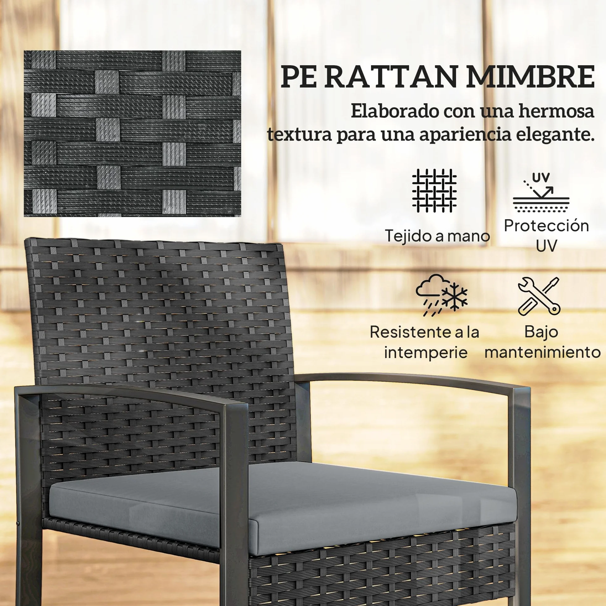 Outsunny Conjunto de Jardín Exterior de 3 Piezas, Muebles Jardín Exterior de Ratán con 2 Sillas con Cojines Lavables y Mesa de Vidrio Templado, Resistente a Intemperie, para Balcón, Patio, Gris Claro