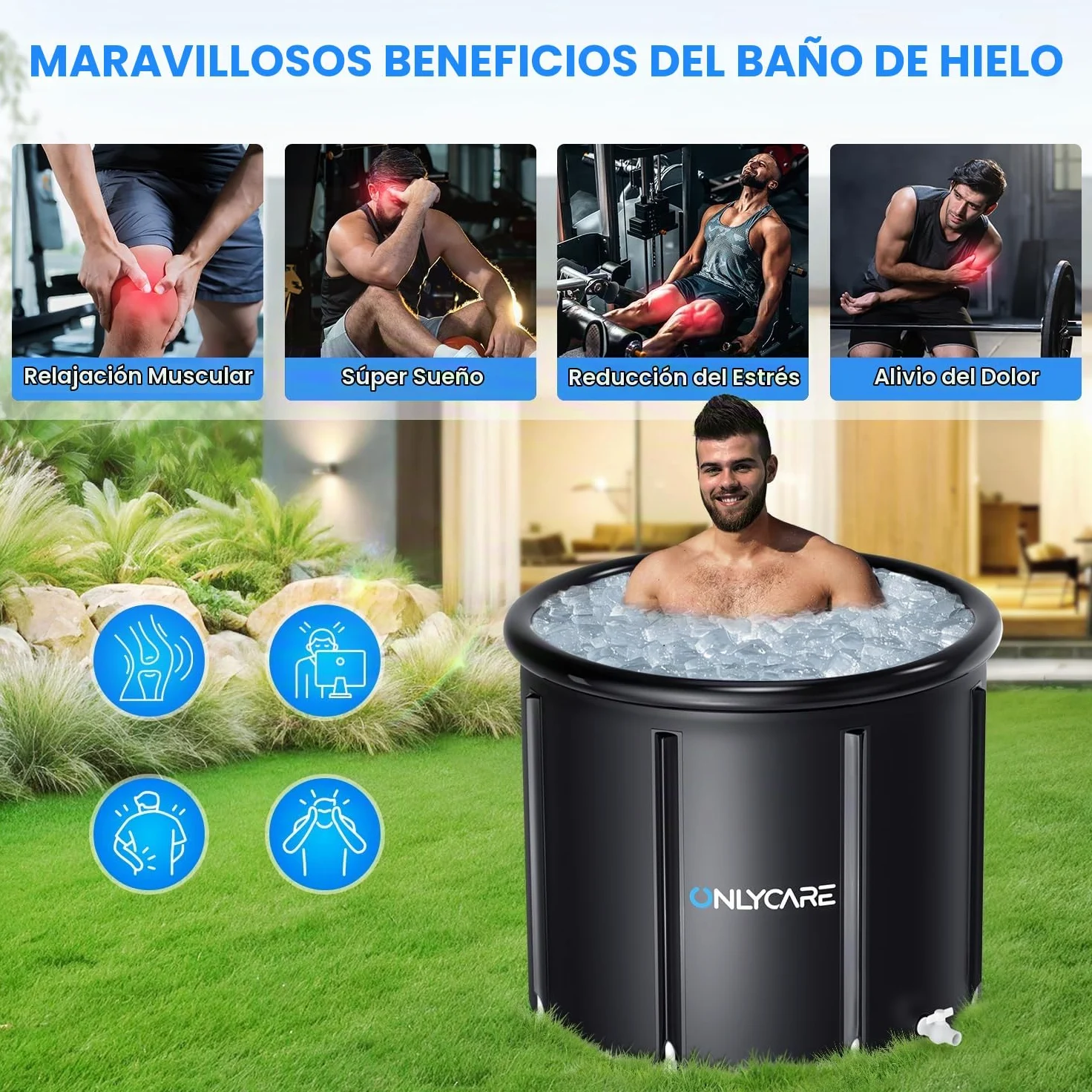 ONLYCARE Bañera de hielo para atletas – Tina de inmersión fría XXL de 130 galones con cubierta – Cápsula de hielo portátil de agua fría de múltiples capas para recuperación de terapia en casa gimnasio