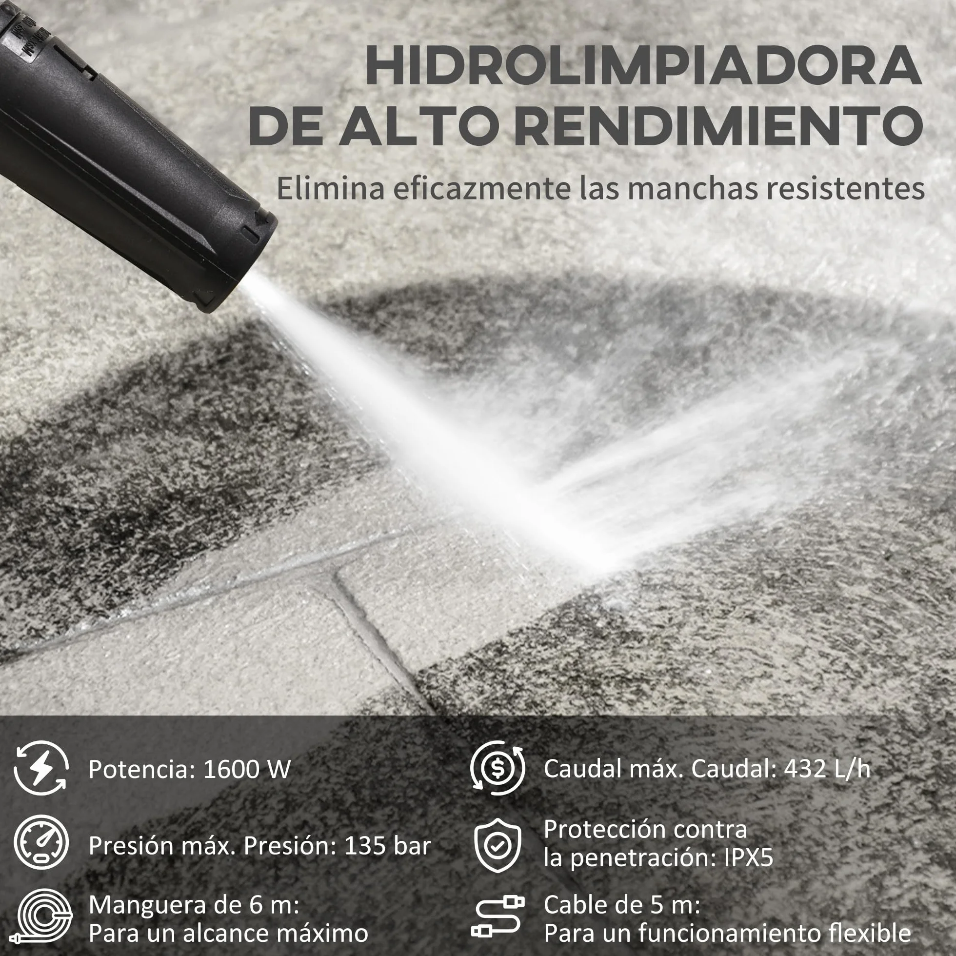 DURHAND Hidrolimpiadora 1600W 130 Bar 432 L/h Bomba Aluminio Manguera 6m