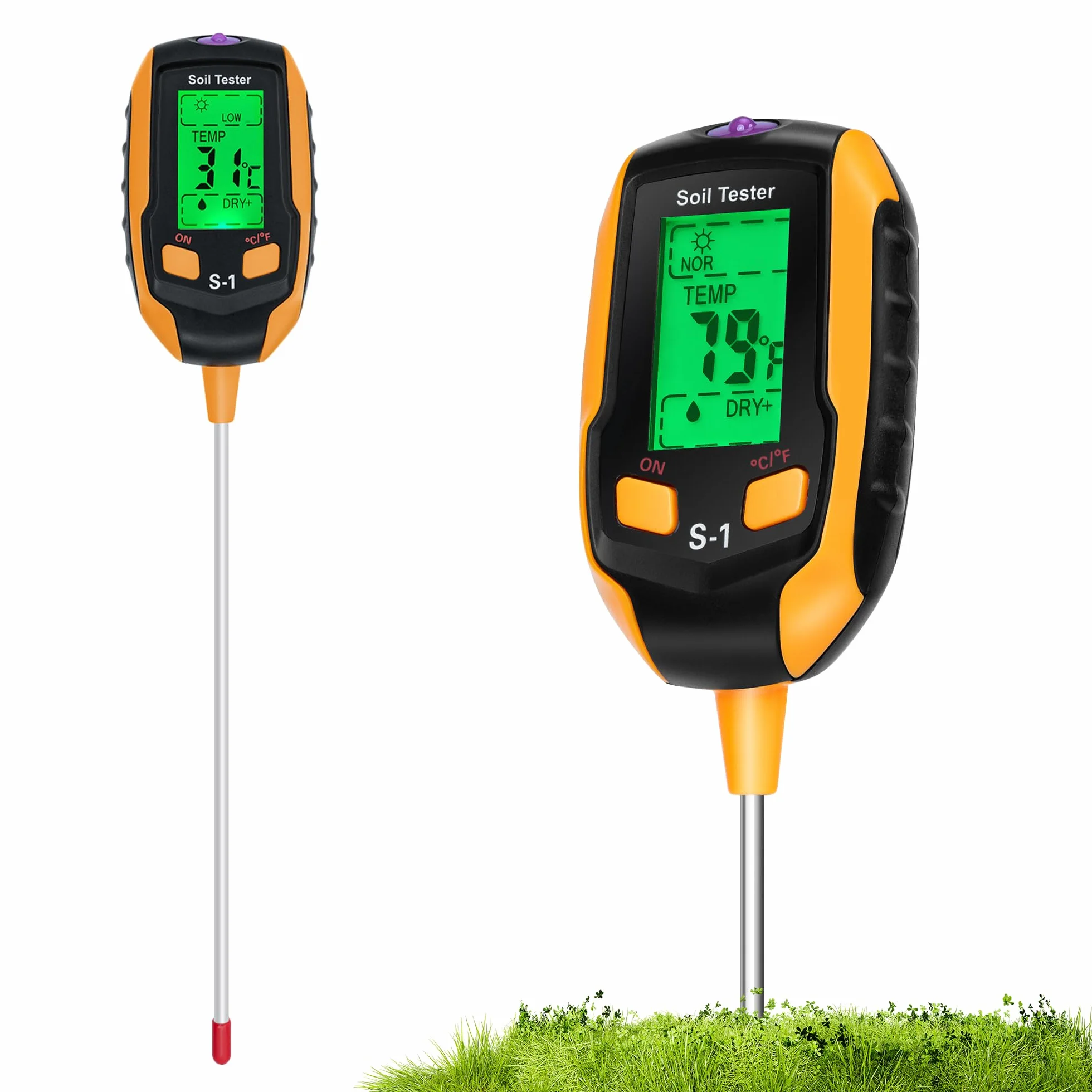 Medidor de Humedad Suelo 4 en 1, Termómetro Digital para Plantas con Pantalla LCD, Medidor de pH y Luz Solar para Jardinería
