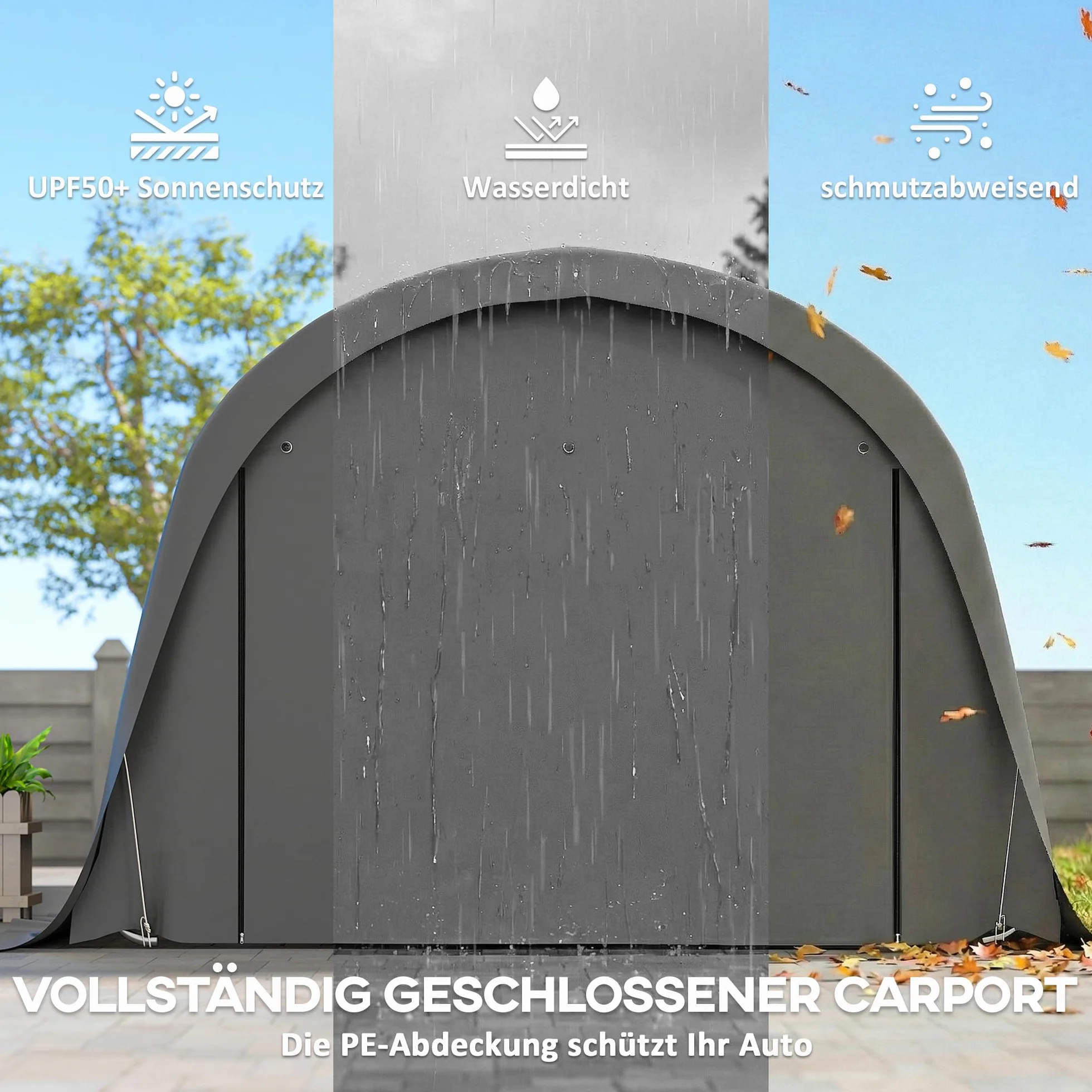 Outsunny Carport impermeable 3x6 m con paredes laterales extraíbles puerta enrollable techo arqueado UPF50+