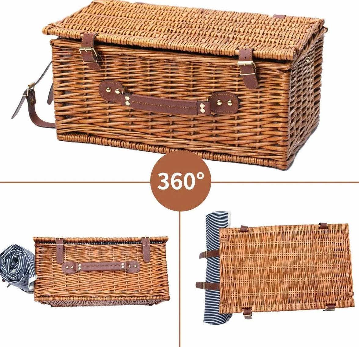 Cesta de Picnic de Mimbre para 4 Personas con Compartimento Aislado, Manta de Picnic Impermeable y Kit de Cubiertos, Canasta de Picnic para Camping, Excursiones